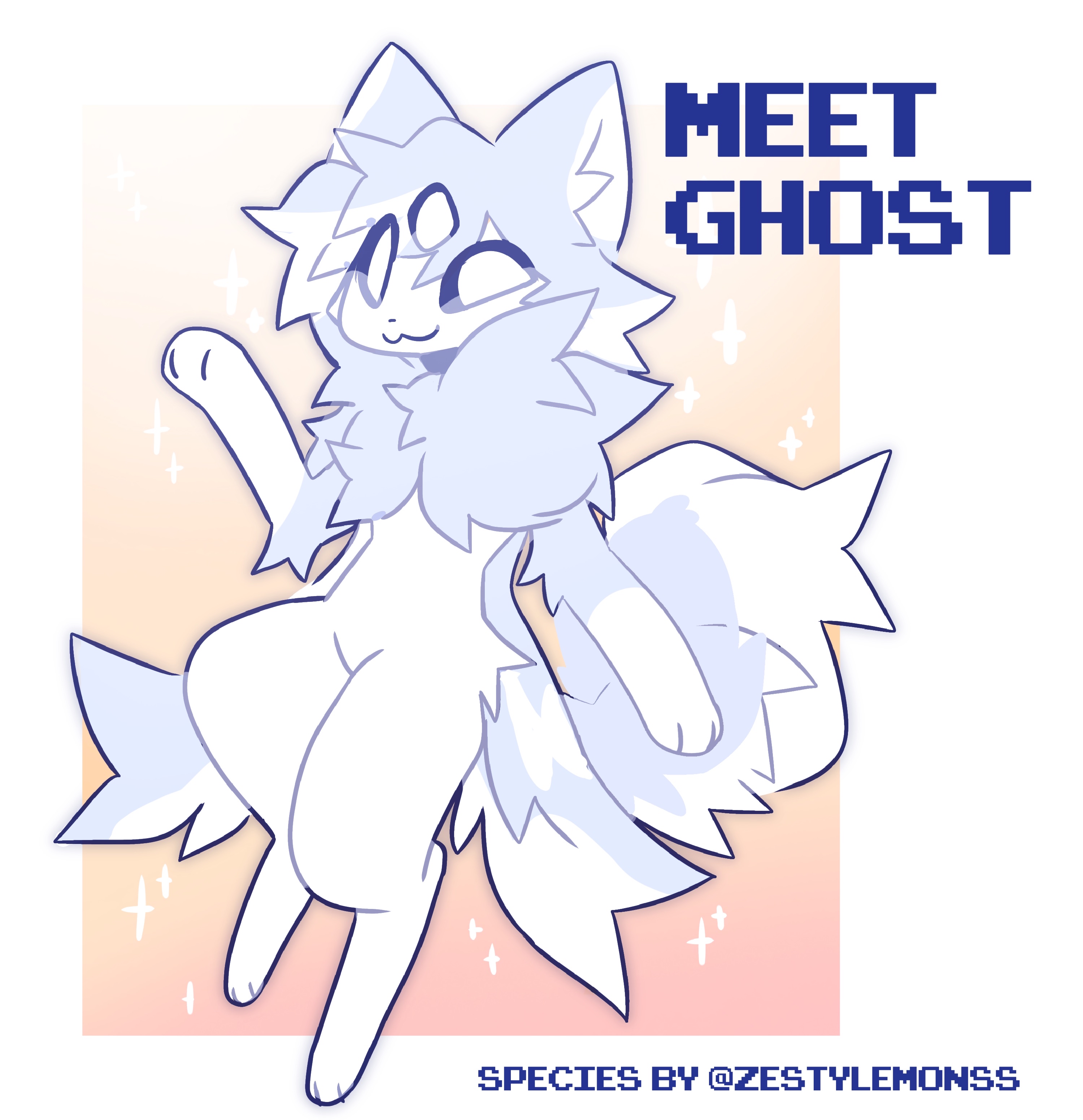 this is a digital illustration of a cute, pastelcolored cartoon character. the character is a furry animal that appears to be a wolf or dog, with large ears, a fluffy tail, and bright blue eyes. it is standing on its hind legs and is surrounded by sparkles. the text "meet ghost" is displayed above the character, introducing it as a character named ghost. the text "species by @zestyレモンss" is displayed below the character.