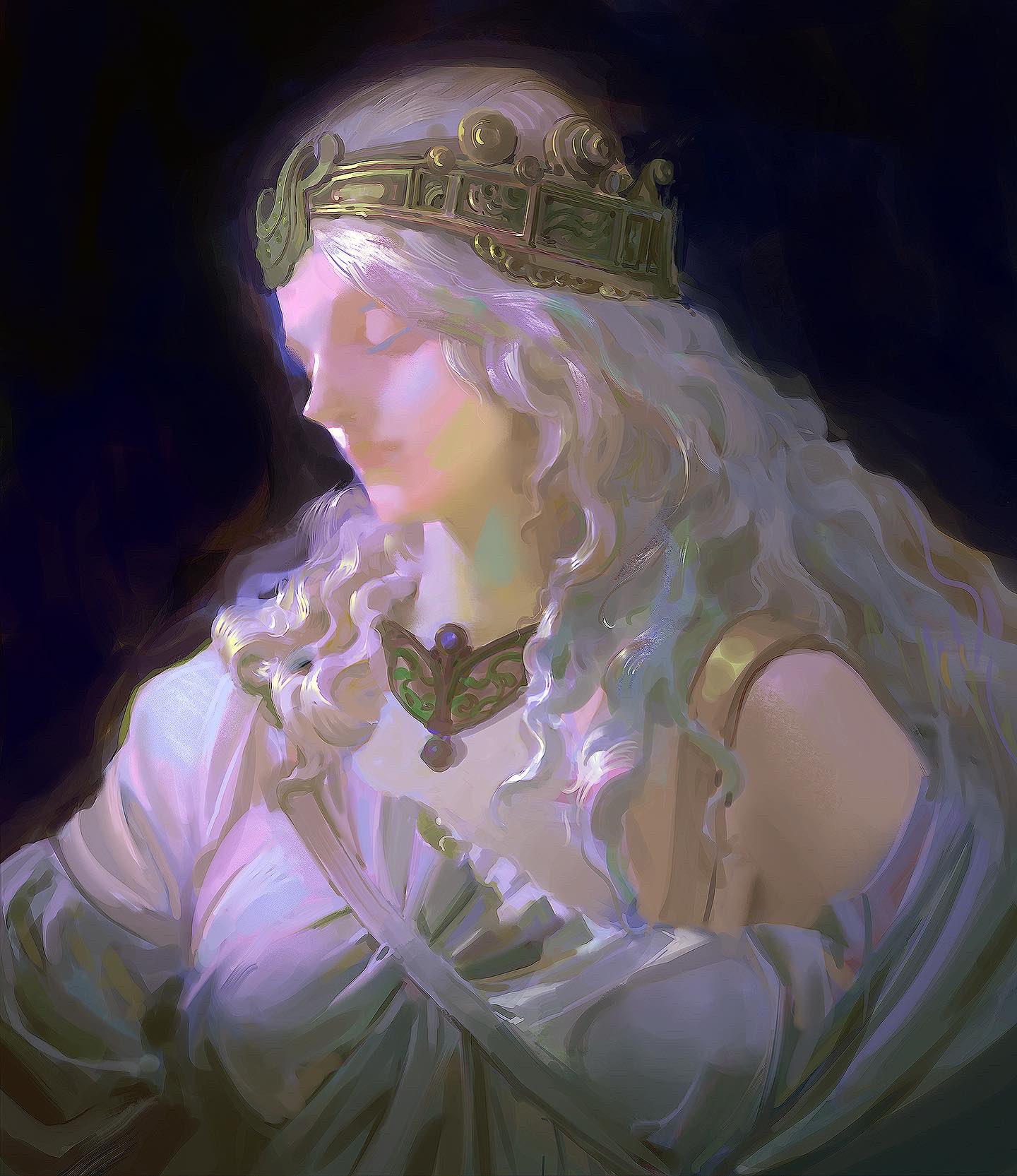 a woman with long blonde hair, wearing a crown and necklace, is depicted in a painting. she is dressed in a flowing white gown and her eyes are closed. the background is dark and she is bathed in a soft, ethereal light.