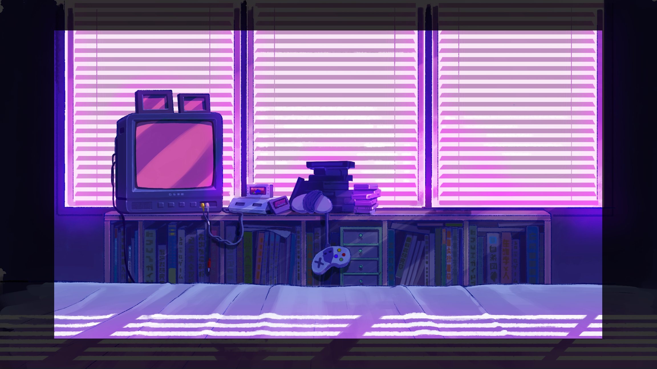 the image shows a bedroom interior lit by the warm glow of a sunset shining through the window blinds. a retro tv and gaming console sit atop a bookshelf filled with books and games. the overall aesthetic evokes a sense of nostalgia for the 80s and 90s.