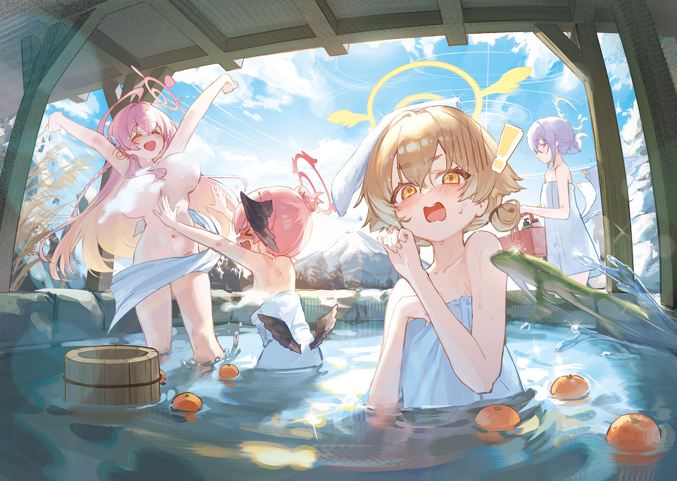 the image depicts four animestyle girls enjoying a bath in an outdoor hot spring. the scene is bright and cheerful, with a clear blue sky and a mountain in the background. the girls are of varying designs, some with wings and halos, and are all depicted in various states of undress. the overall style is lighthearted and playful.  oranges float in the water around them.  the setting is reminiscent of a japanese onsen.