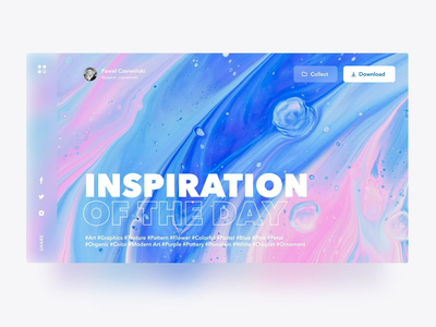 a colorful abstract design with blue, purple, and pink swirls. the design is titled "inspiration of the day." there is a small profile picture of paweł czerwiński and social media buttons for sharing and downloading the design.  there are several hashtags below the title.  the design is likely a digital graphic.