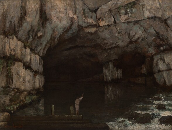 a painting depicts the interior of a large cave or grotto. the foreground shows the entrance to the cave with rocky formations on either side. the water surface is partially visible and there is a person standing on a small platform or rocky outcrop near the entrance. the interior of the cave is dark, and there is a sense of mystery and depth. the color palette is dominated by muted earth tones, with grays and browns.