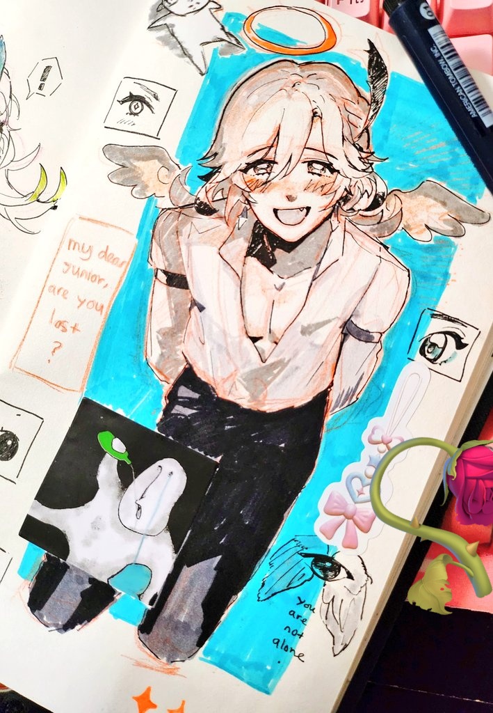 this is a drawing of an anime character with white hair and white wings. they are wearing a white shirt and black pants and have a halo over their head. the drawing is on a notebook page and includes other sketches, notes, and a flower. the drawing appears to be encouraging and supportive, with messages of hope and friendship. it's a colorful and playful piece of art.