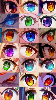 the image is a collage of various anime style eyes, each with a unique design and color scheme.  there are male and female eyes, and many feature unusual pupils or iris patterns. the overall aesthetic is colorful and stylized.