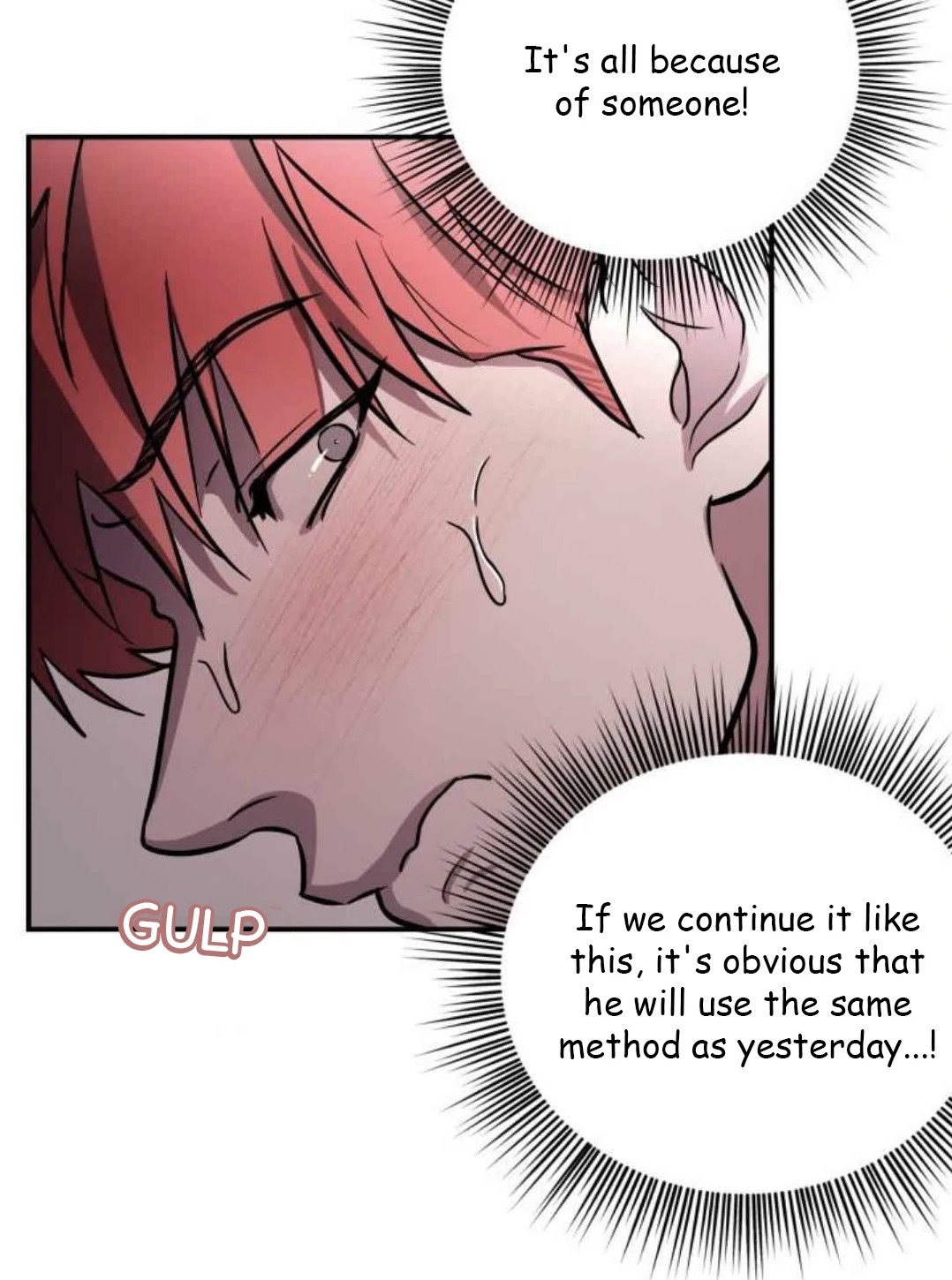closeup shot of a manga character with red hair, his face blushing and displaying signs of nervousness.  speech bubbles above and below him contain dialogue expressing anxiety and concern, suggesting a worrisome situation. the character's expression and the text hint at anticipation of a repeated action from the previous day, related to the actions of "someone." the overall style is reminiscent of korean manhwa or similar webtoons.