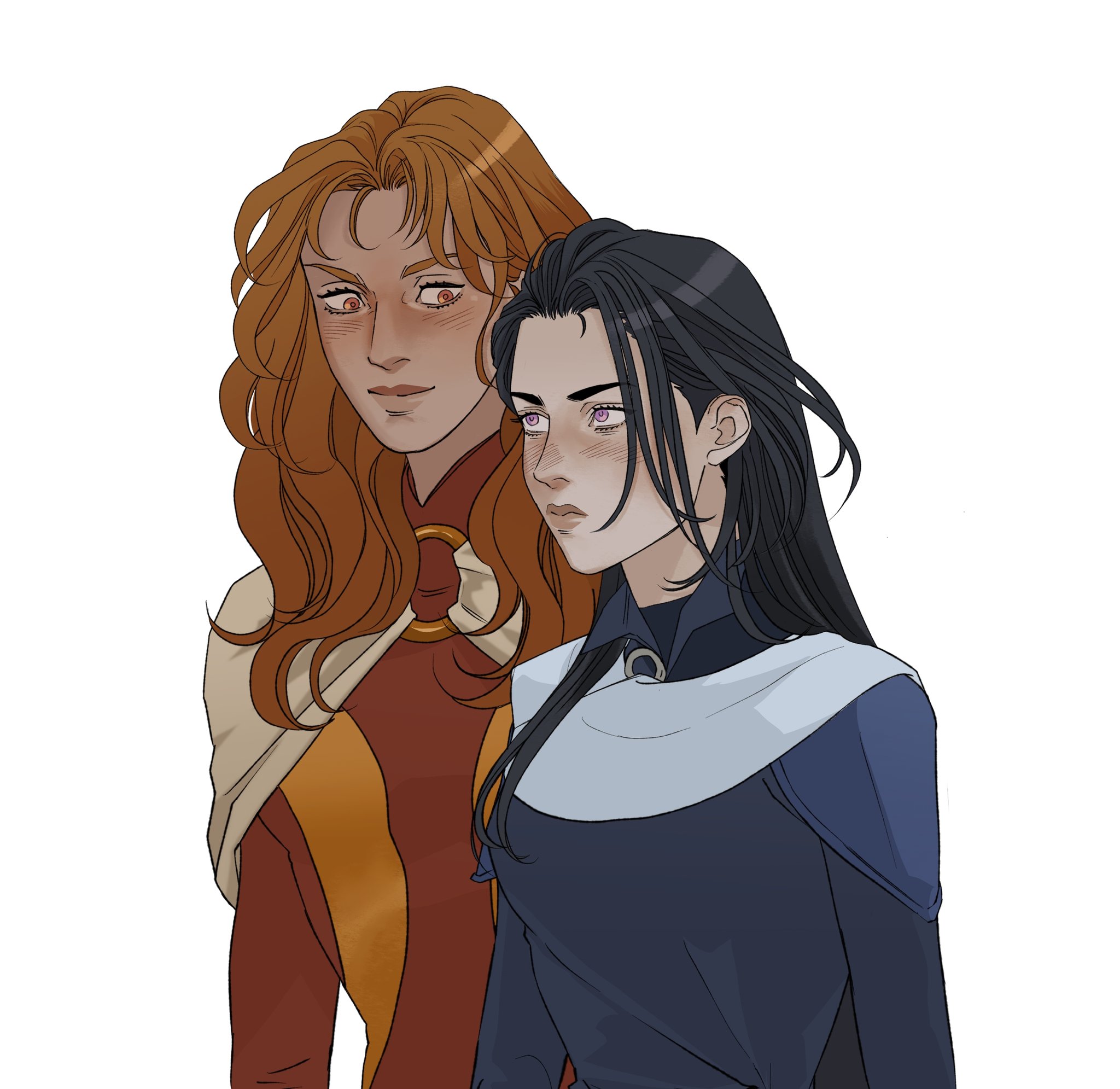 a cartoon drawing of two women. the woman in the background has redorange hair and is wearing a red and orange dress and a beige cape. the woman in the foreground has dark hair and purple eyes. she is wearing a dark blue dress and a light blue cape.
