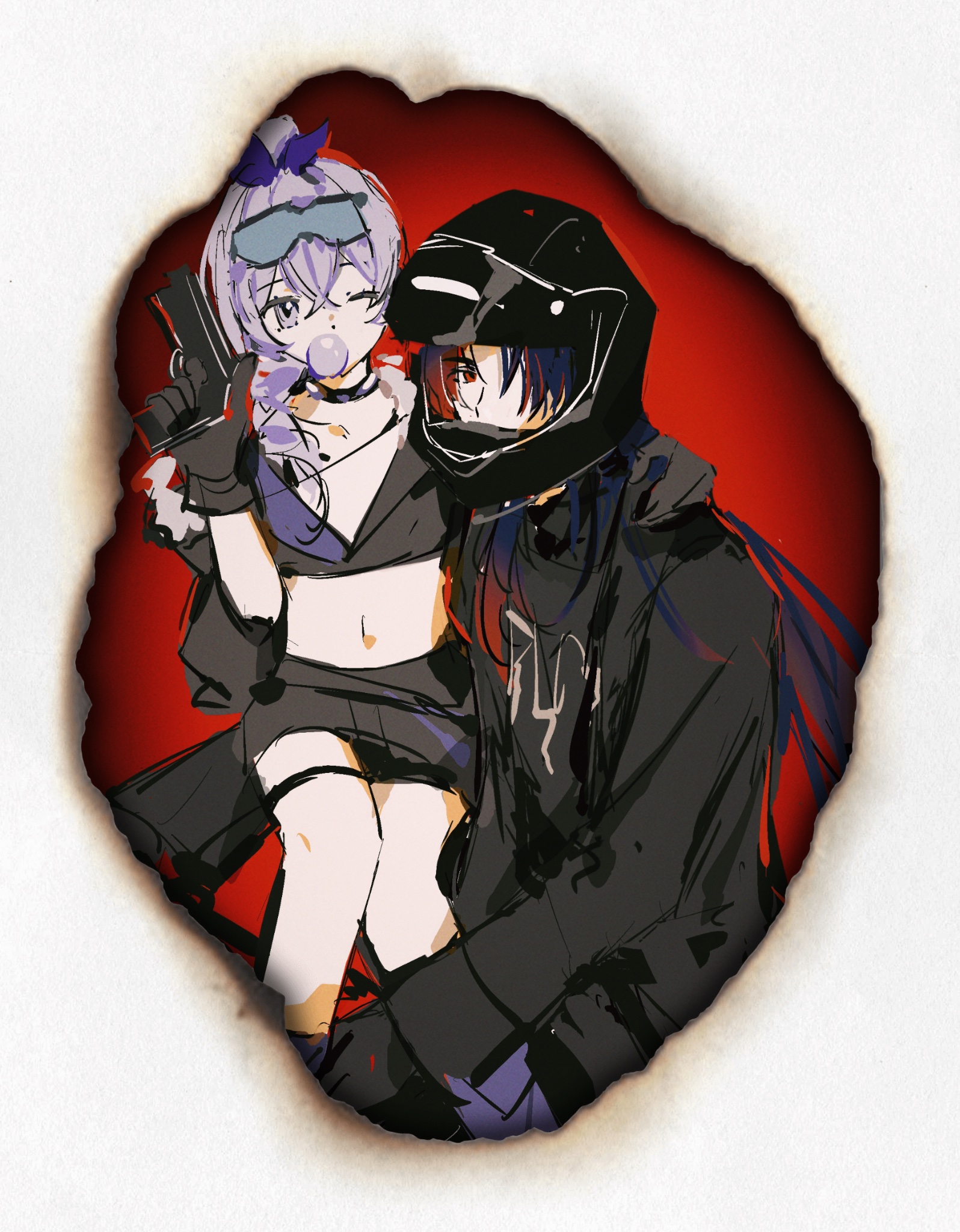 this is an illustration of a couple of anime characters. the girl is wearing a white shirt and black skirt with a purple ribbon in her hair. she has a gun in her hand and a bubble in her mouth. the boy is wearing a black helmet with a purple and white design on it. he has black hair and is wearing a black and white jacket. the background is a red gradient. the characters are drawn in a cartoon style.