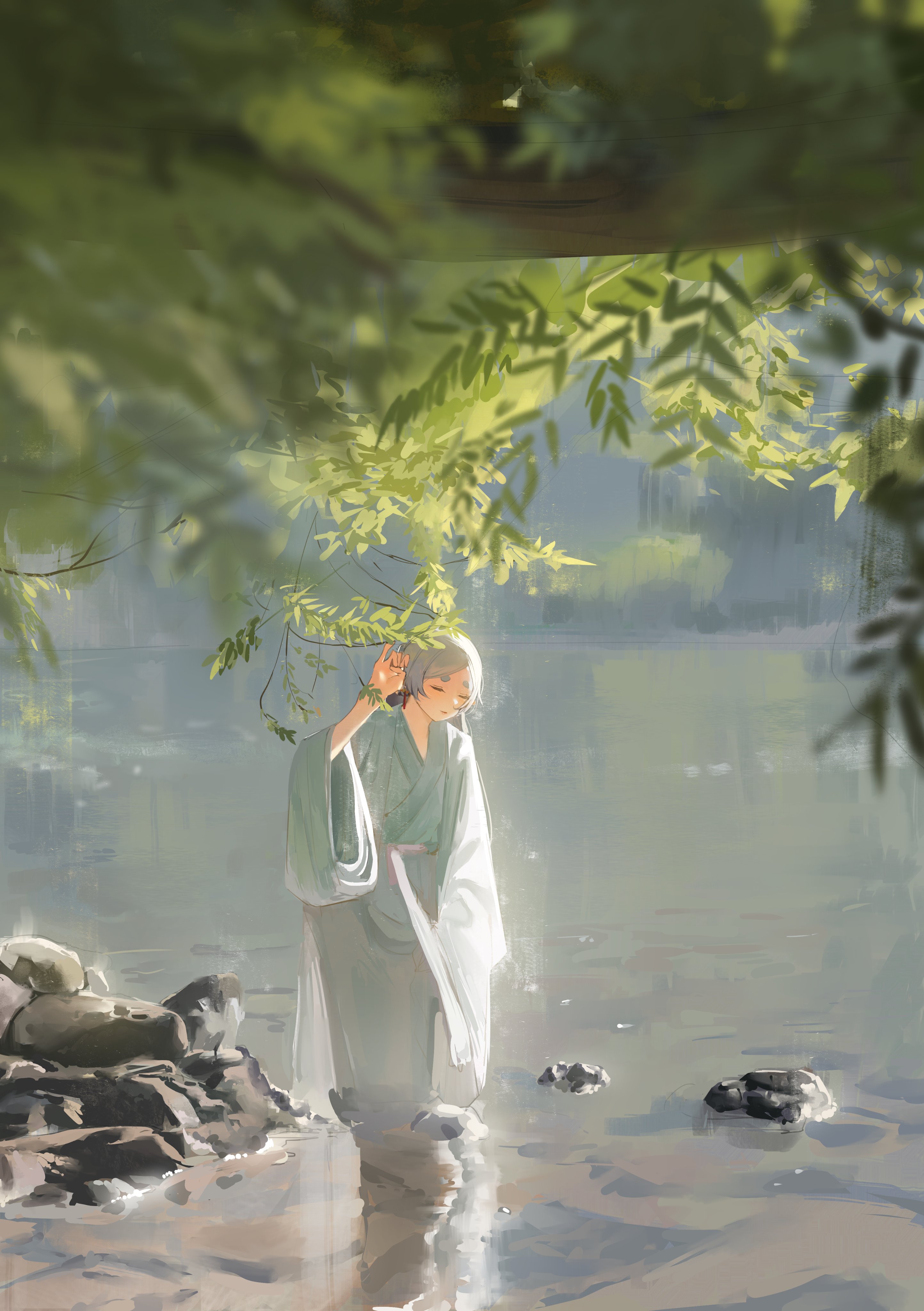 a paintingstyle illustration depicts a woman in a green and white robe standing in a calm lake. trees with green leaves overhang the scene from above. rocks are visible on the left side of the lake. light reflects off the water's surface, creating a serene and peaceful atmosphere.