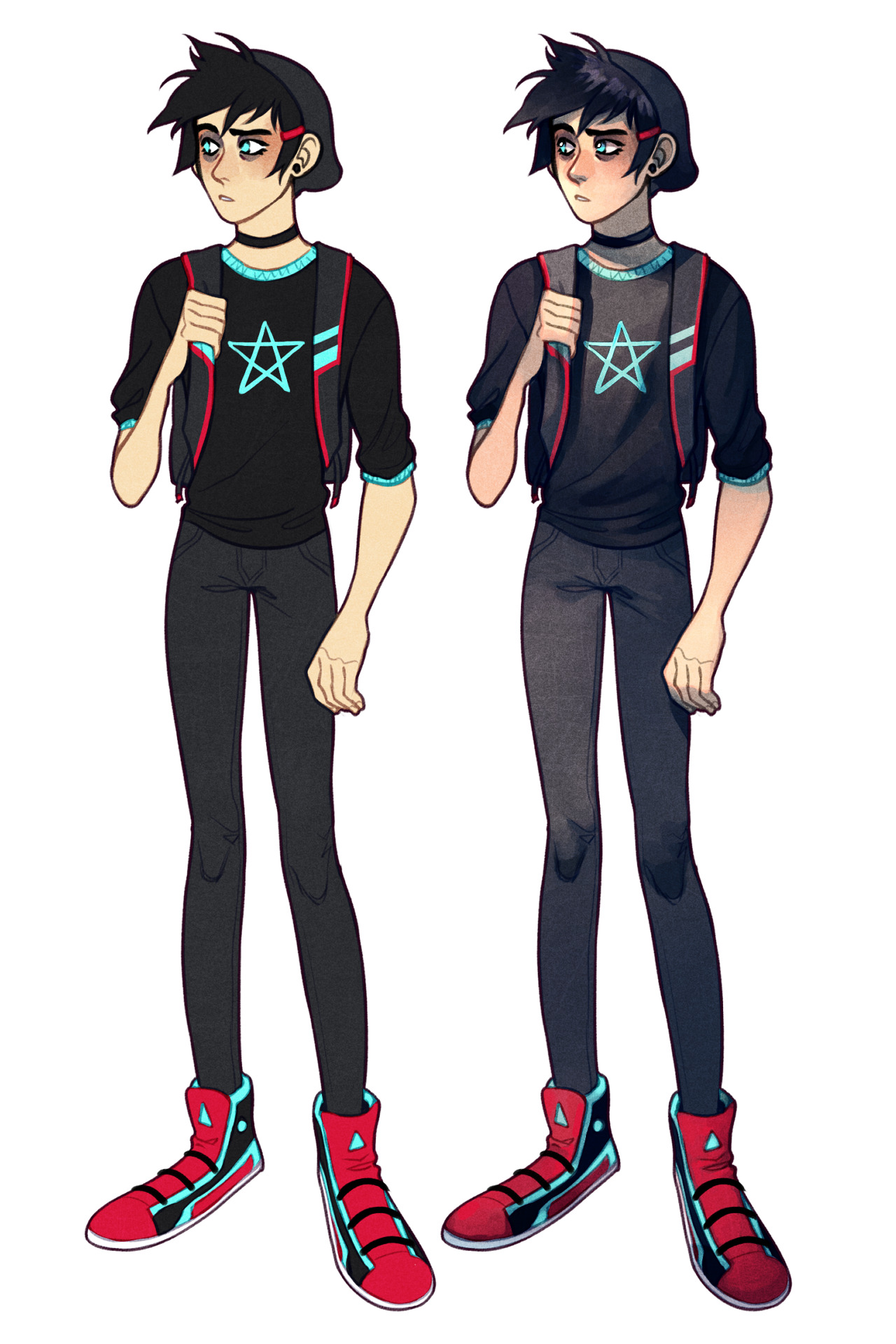 a color character design sheet showcasing a young man with black hair and blue eyes, styled in a casual emo/goth fashion. he's wearing black pants, a black shirt with a cyan pentagram, a black and cyan backpack, and black and red sneakers. there are two versions of the character, a flat colored one and a shaded one.  both versions are identical in design and pose.