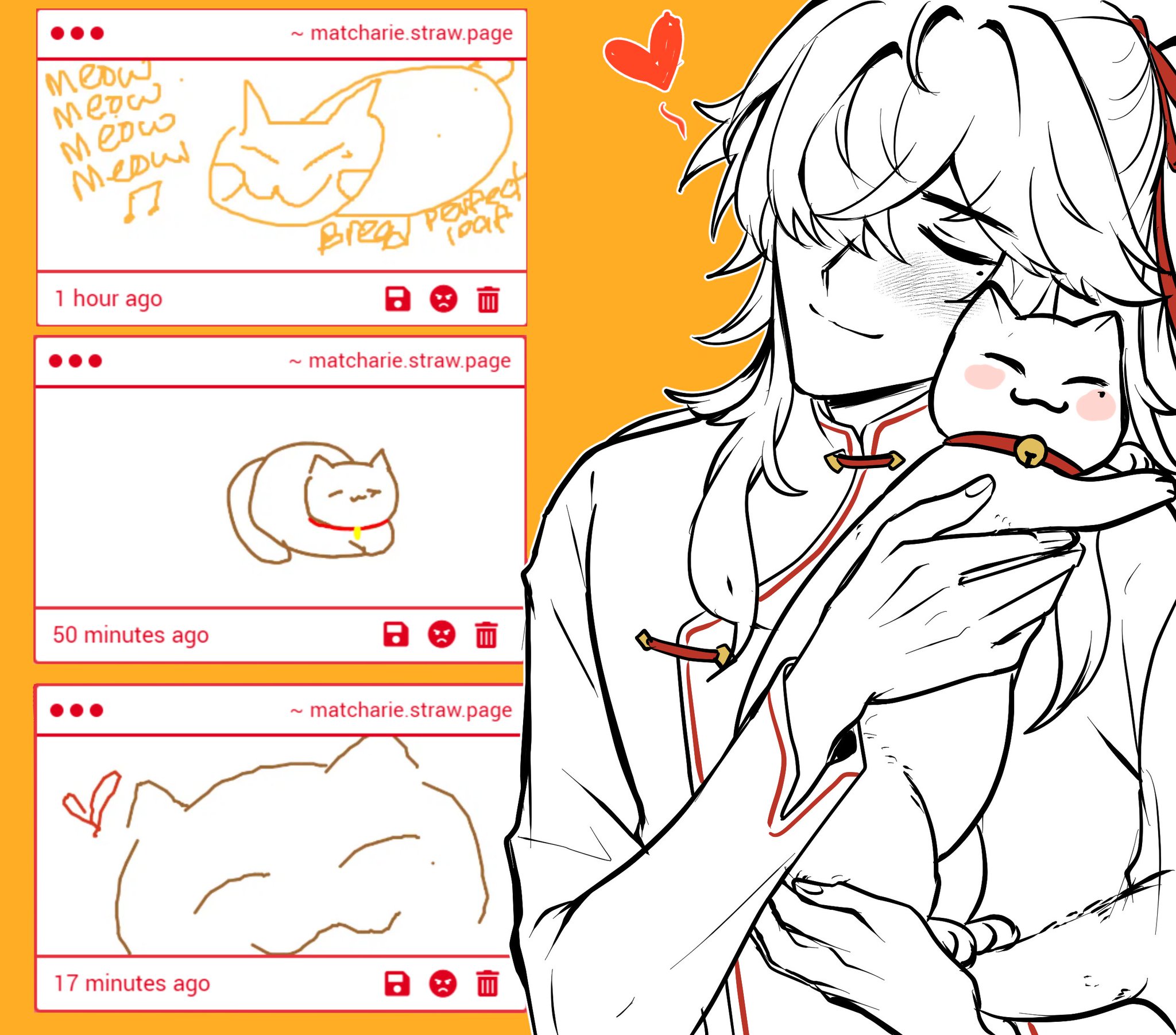 this is a comic strip or an animation depicting a man in a red and white outfit holding a cute cat. the cat is blushing and happy, and the man is also blushing. the drawing is very cute and heartwarming.