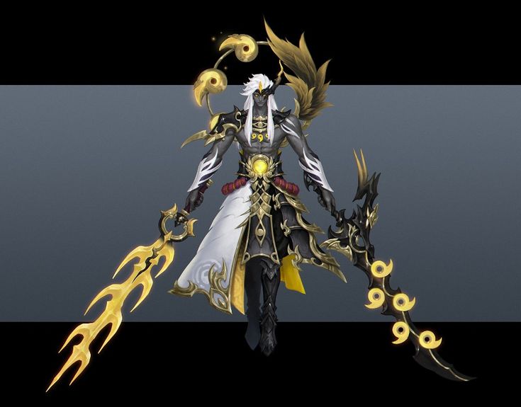 a digital illustration of a warrior character. the character is male and dressed in dark clothing with gold accents. he is holding two swords, one gold and one black. the character's eyes are glowing and the image is set against a dark background. the artwork is very detailed and stylized.