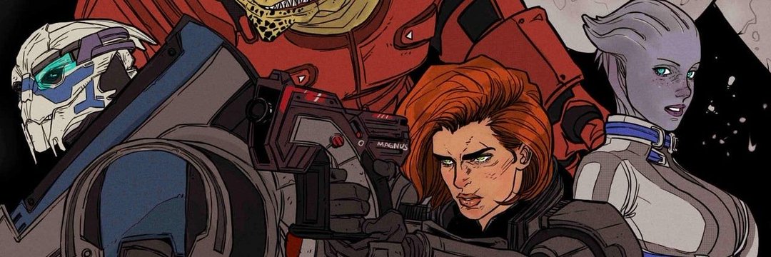 the image is an illustration featuring characters from the mass effect video game series. from left to right, there's garrus vakarian, a turian; wrex, a krogan; commander shepard, a human with red hair; and liara t'soni, an asari. commander shepard is holding a weapon. the style resembles comic book art.