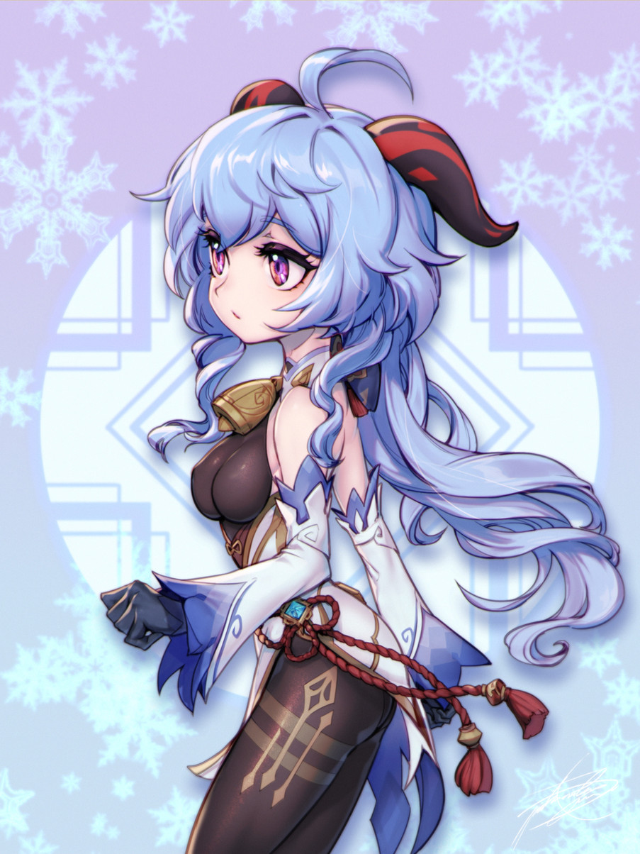 an anime girl with long blue hair, white outfit, and red ribbons. she is holding a red ribbon in her right hand and looking down. the background is a blue and white snowflake pattern.