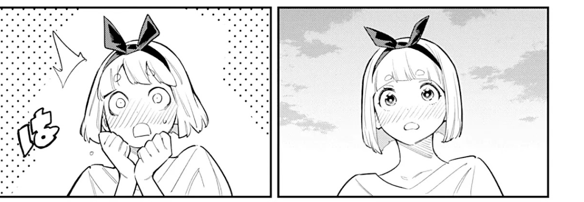 the image is a manga panel featuring a girl with short, black hair and a black bow. she is looking offpanel with a shocked expression, her eyes wide open, and her cheeks are flushed red with a blushing hue. she has her hands raised to her cheeks as if in surprise. the panel is divided into two parts, with the girl's head occupying the left portion and a simple background with halftone pattern filling the right portion. the halftone pattern is used to create a sense of motion and energy. the image is drawn in black and white with thick outlines, typical of manga art style.