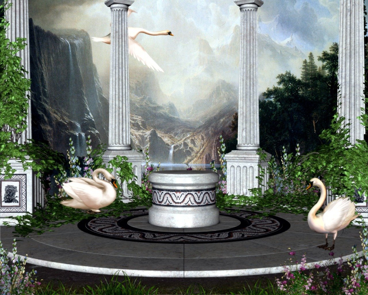 the image shows a serene garden setting with a stone platform featuring a central fountain. two swans are present, one on the left resting near the fountain and the other standing on the right. classical columns stand tall on either side, framing a picturesque background of mountains, a waterfall, and lush greenery. a swan soars in the background sky. the overall atmosphere is tranquil and idyllic.