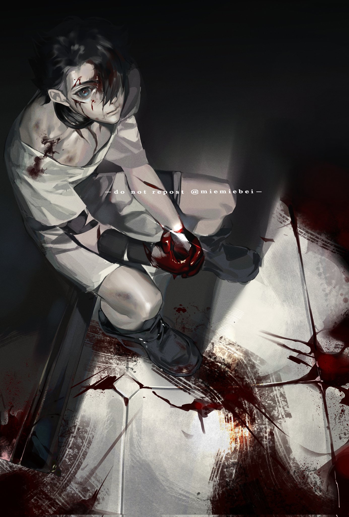 this is an animestyle illustration of a young woman, possibly a teenager, in a white shirt and black pants with what appears to be blood splattered on her clothes. she is sitting on the floor with blood on her hands and there is a bloody footprint in the foreground, which suggests that there has been violence. the background is dark, but there is a light that illuminates the character and the floor. the artwork is realistic and detailed.