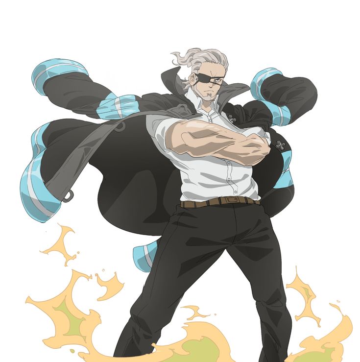 a drawing of an anime character from the series fire force. the character is wearing a dark jacket with light blue accents and is facing forward with his arms crossed, while standing over a small flame. the character has a white shirt on underneath his jacket, black pants and a dark eye patch over his right eye. the character also has light grey, wavy hair and a beard. the background is white.