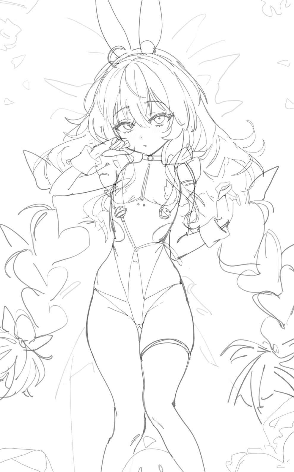 a black and white line drawing of an anime girl wearing a bunnyeared headband and a bodysuit. the style is loose and sketchy, with a focus on the character's pose and expression. the background features some additional sketchy lines and shapes that are not clearly defined.
