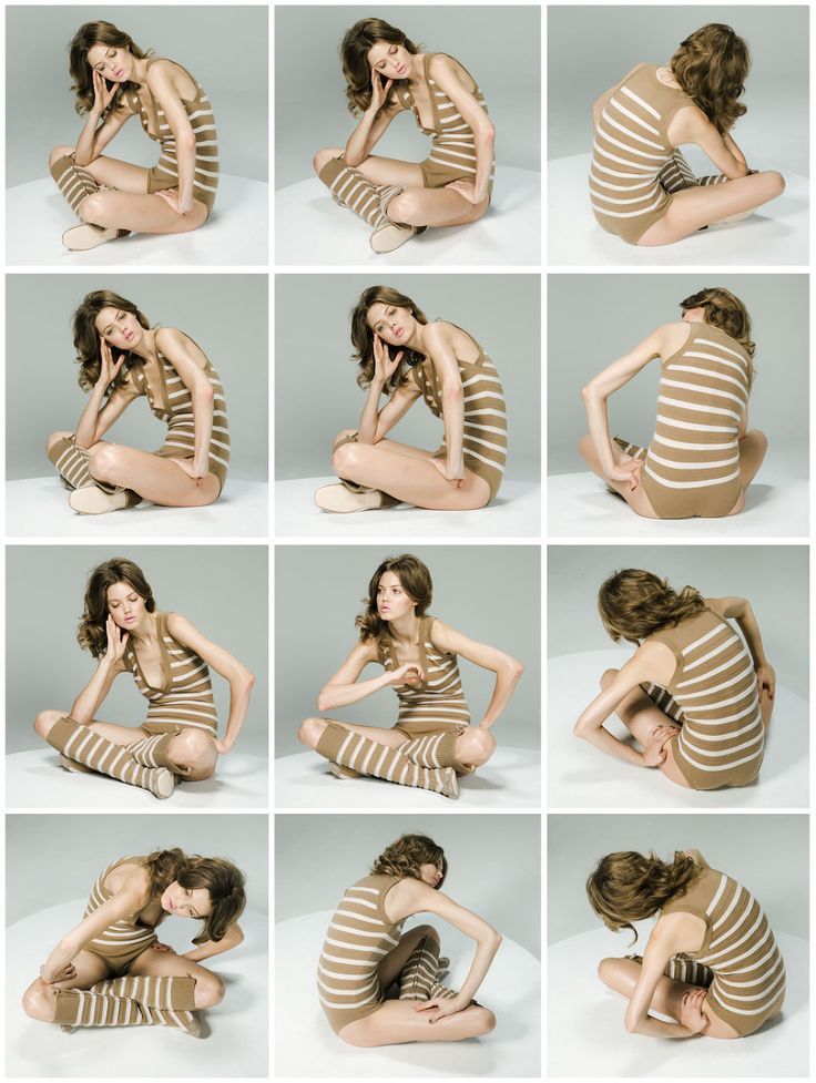 the image is a grid of twelve photographs featuring the same young woman in a tan and cream striped bodysuit. she is posed against a consistent, light gray background, suggesting a studio setting. the woman is thin and adopts a variety of seated and curledup poses throughout the images. the photography style is minimalist, focusing on the model and her form with even, soft lighting.