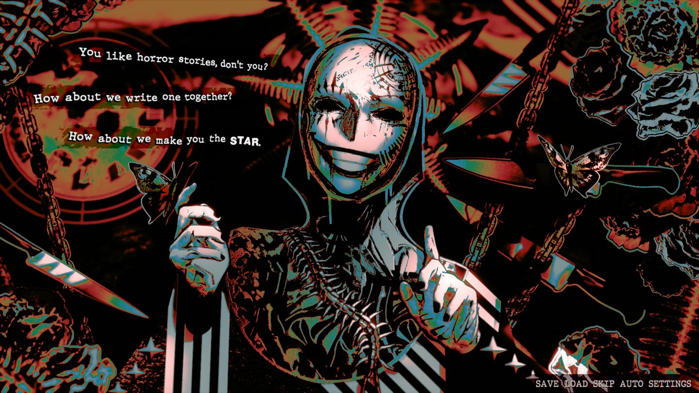 the image is a stylized digital artwork with a dark and surreal aesthetic.  the central figure is a masked individual with a skeletal or robotic appearance, wearing a hooded garment.  the mask has a sinister smile. the background is chaotic, incorporating elements such as chains, knives, butterflies, and roses, all rendered in a distorted, almost psychedelic color palette of predominantly reds, blacks, and greens. text overlays on the image propose a collaboration to write a horror story, offering the viewer the role of "the star." the overall atmosphere is ominous and suggestive of a horror theme, possibly hinting at a narrative involving the masked figure. the style blends gothic, cyberpunk, and surreal elements to create a visually striking and unsettling image.