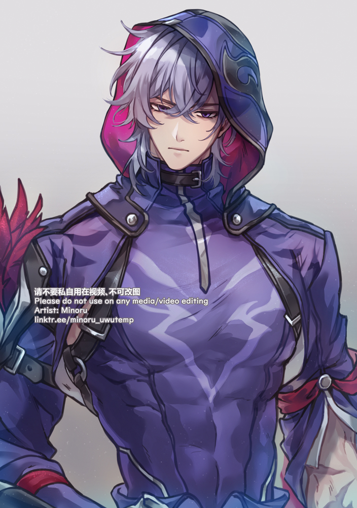 this is a digital illustration of an anime male character with white hair, wearing a hooded cloak and a purple and blue outfit. he looks out at the viewer with a serious expression.  the art style is high quality and detailed with soft shading.