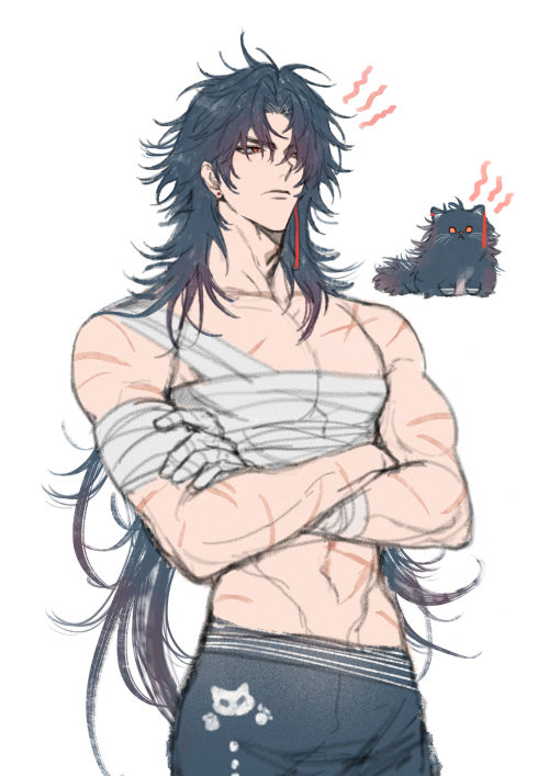 this animestyle illustration features a shirtless man with long black hair. he has muscular arms and a toned chest and is wearing a white bandage on his torso and his right arm.  his eyes are red, and he appears annoyed or upset with his arms crossed. he is wearing grey pants with a white cat design on the left leg. there is a cute black cat in the upper right hand corner wearing a red ribbon.  the illustration is sketched in light grey tones.