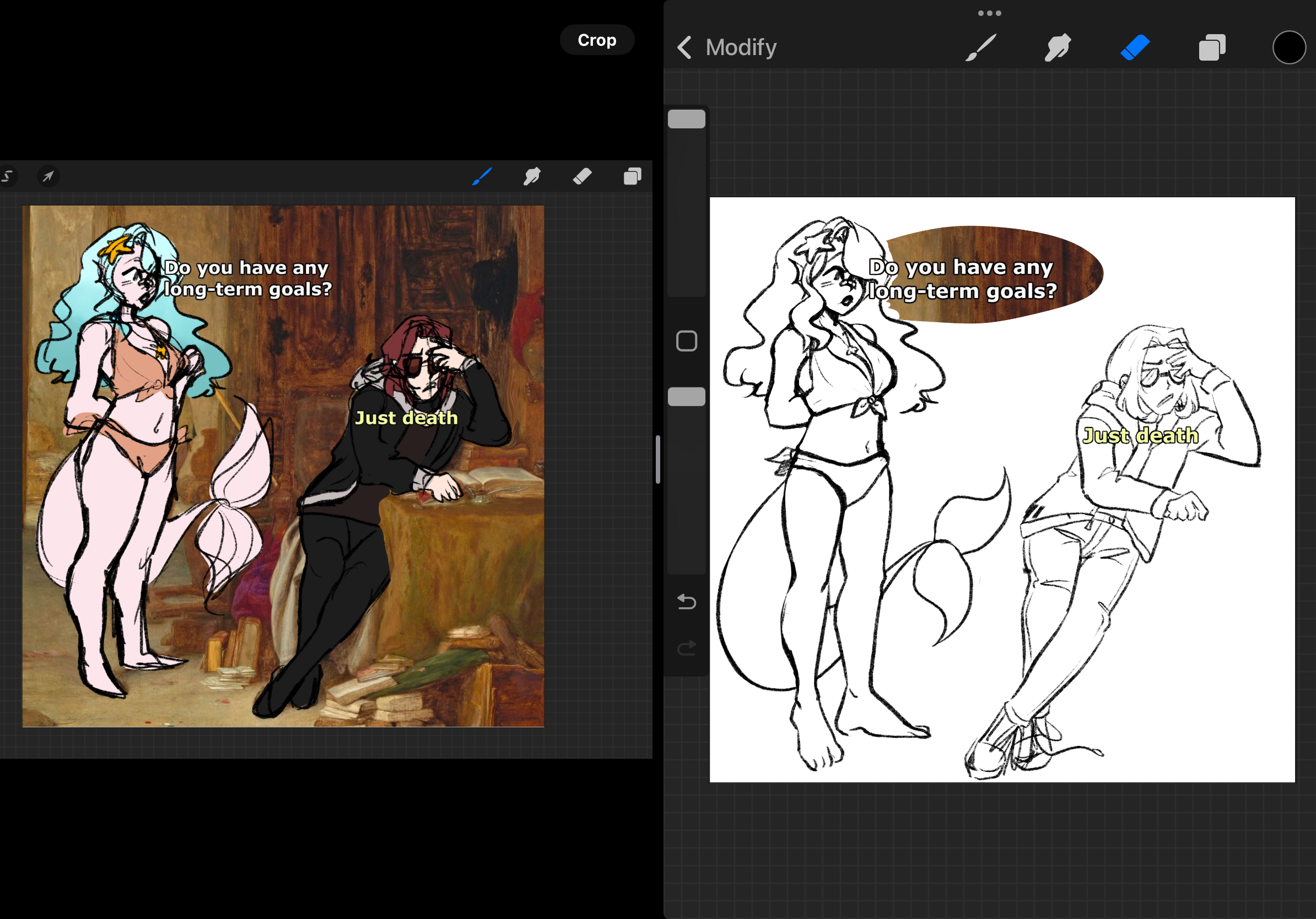 the image shows a twopanel digital drawing, depicting a humorous conversation. in the first panel, a colorful sketch shows a mermaid woman asking a man, "do you have any longterm goals?" the man, leaning on a counter, responds with, "just death." the second panel displays the same scene in black and white line art, ready for further refinement.