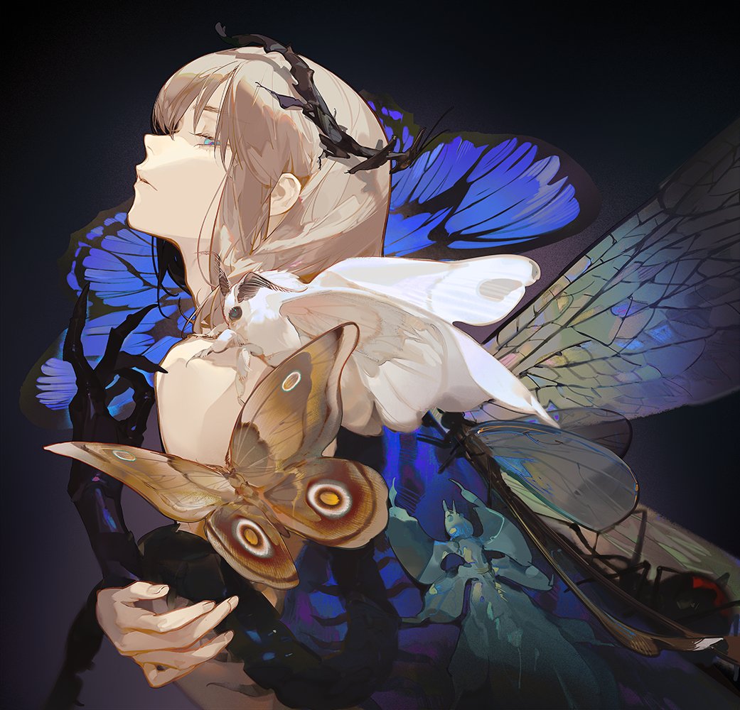 an animestyle illustration featuring a woman with fair skin, blonde hair, and blue eyes looking upwards. she has a dark crown of thorns on her head. various butterflies and moths adorn her, including one large brown moth with eyespots on her hand, a large white moth on her shoulder, and large blue butterflies behind her. other insects and iridescent wings are also visible in the composition. the background is dark and muted.