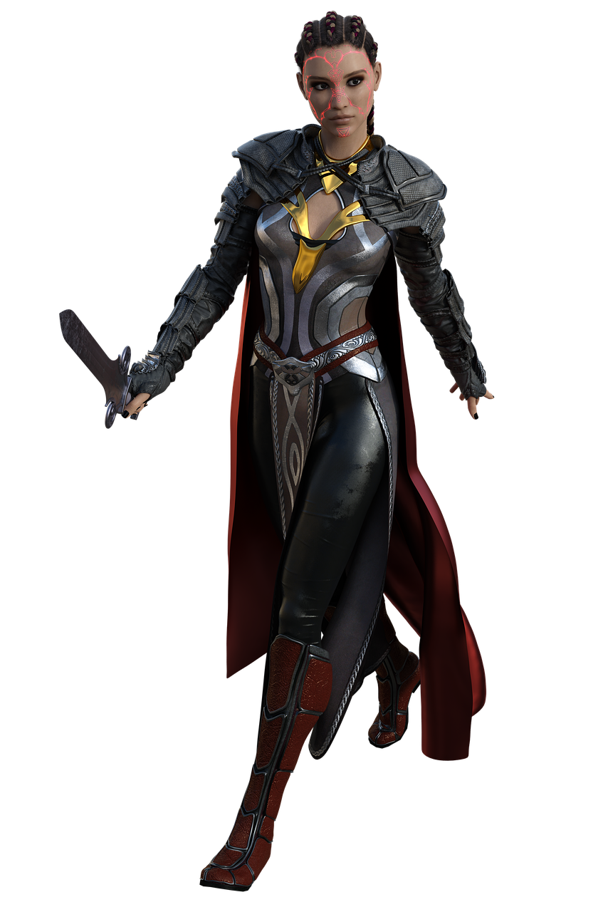 a 3d rendered image of a female warrior in fantasy armor against a black background. the woman has dark hair styled in braids, and her face features distinct red markings. she is adorned in detailed grey and silver armor with gold accents on the chest piece. she wears a long red cape that flows behind her. in her left hand, she holds a sword. her clothing consists of dark leggings and red and silver boots.