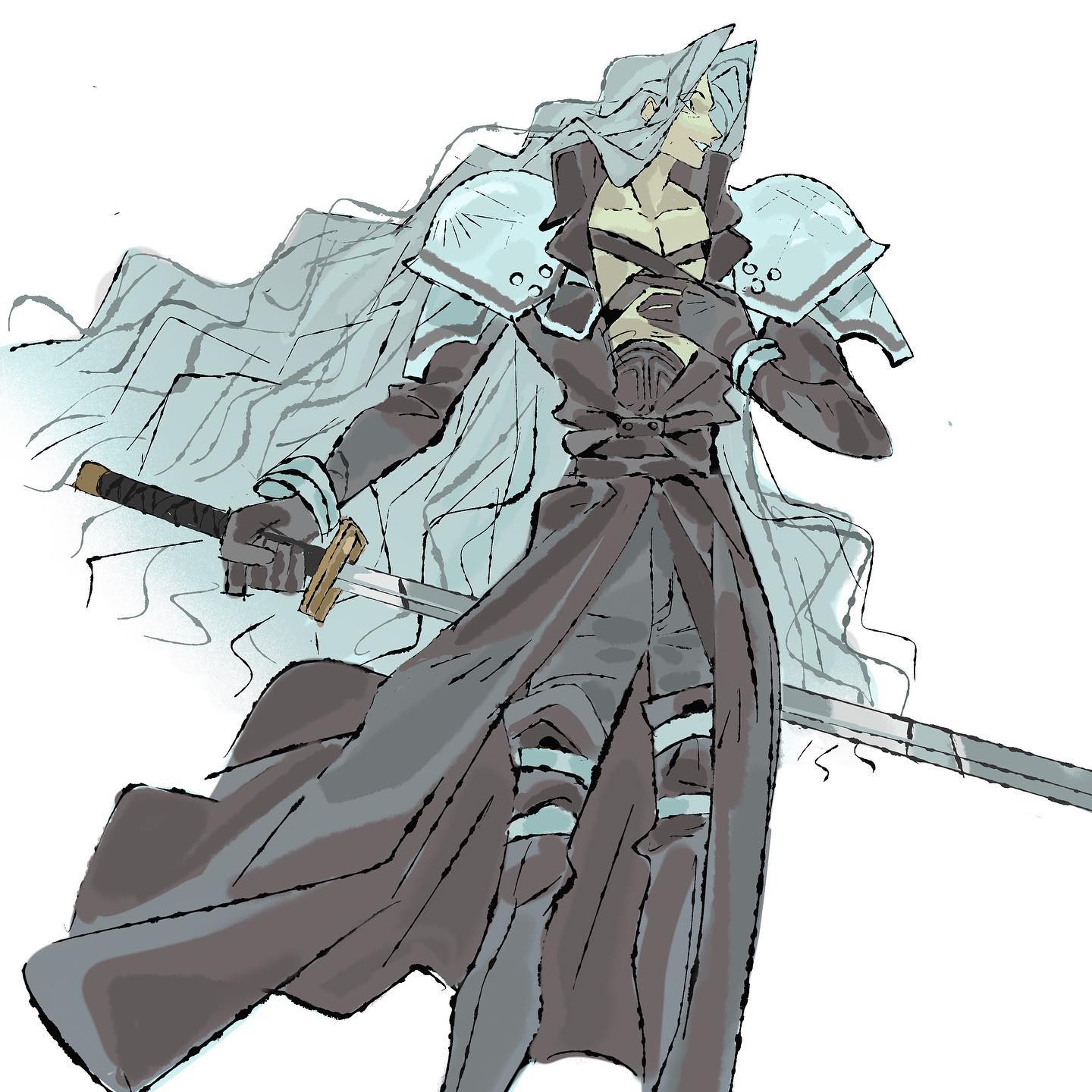 this is a stylized digital painting or illustration of sephiroth from final fantasy vii. he is depicted in his iconic long, flowing white hair, dark cloak, and boots. he holds a long sword and his pose is both elegant and dramatic.  the artwork is rendered in a grayscale palette with subtle light blue accents. the style is reminiscent of anime or manga, with flowing lines and a focus on character design.