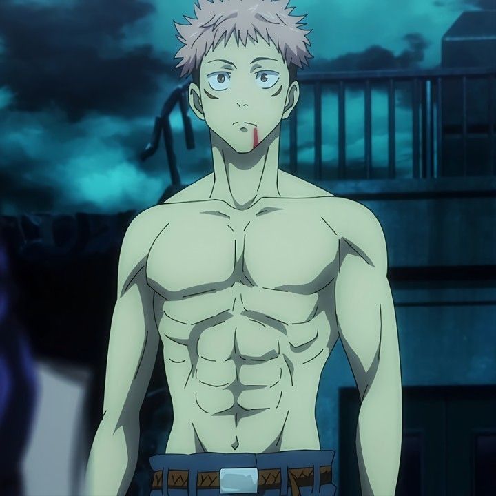 the image showcases a young, muscular man with spiky blond hair, standing amidst a destroyed urban environment at night. he is shirtless, revealing a sculpted physique with prominent muscles and a few cuts. his expression is serious, with a hint of determination in his eyes. the background features the remnants of a building, hinting at a recent battle. the overall lighting is dark and dramatic, emphasizing the character's intensity and the scene's actionpacked nature.