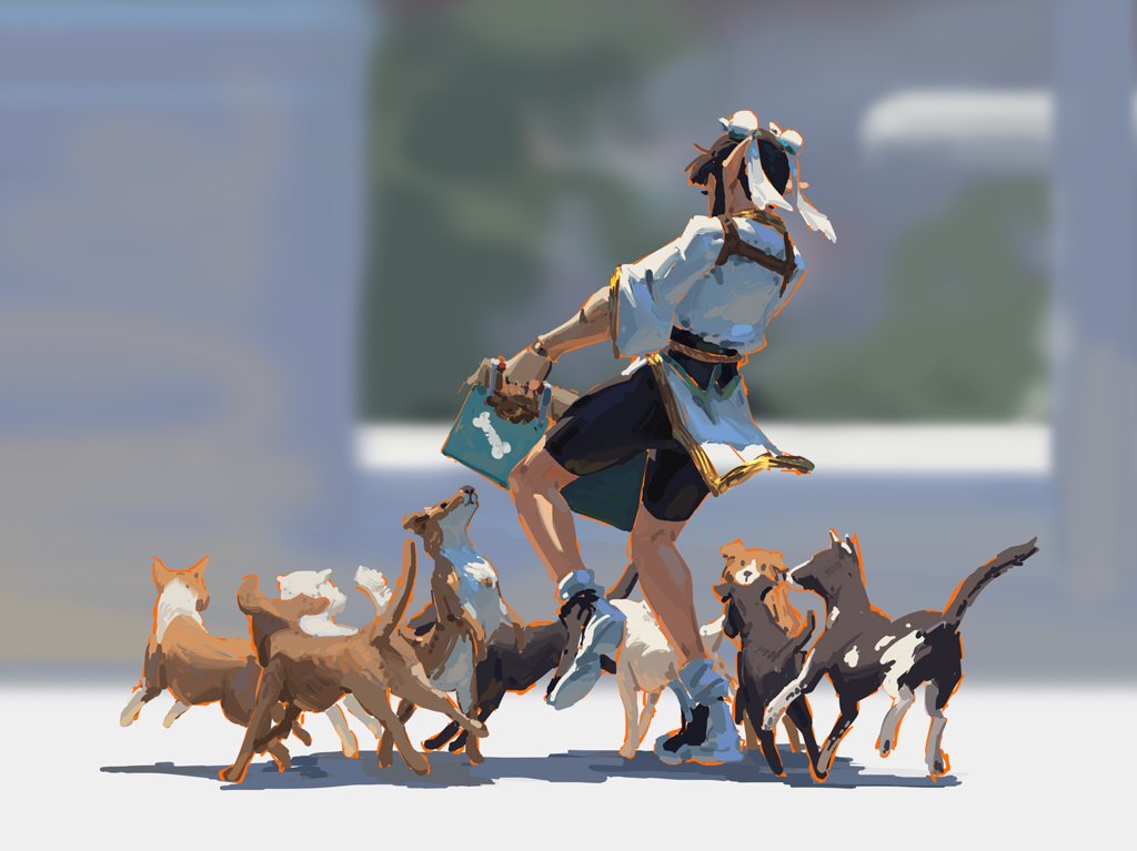 the digital painting showcases a young woman, possibly inspired by anime or manga aesthetics, walking a multitude of dogs.  she's dressed in a loose, lightcolored top, dark shorts, and sneakers.  she carries a tealcolored bag, possibly containing dog food or supplies. the dogs are a varied bunch of small to medium sizes, and some appear to be puppies, all surrounding the woman as she walks. the background is blurry and suggests an outdoor setting, like a street with buildings in the distance. the overall style is painterly and loose, with a focus on capturing the light and movement of the scene. the sunlight is implied through highlights on the woman and dogs.