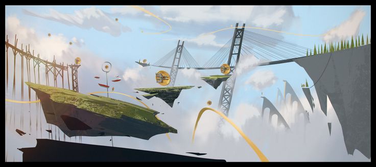 the image depicts a fantastical landscape with floating islands connected by suspension bridges in a sky filled with clouds. the scene has a futuristic aesthetic, with stylized architecture and floating golden coins adding to the surreal atmosphere. greenery covers the floating landmasses, and the overall perspective is an aerial view, reminiscent of a digital painting.
