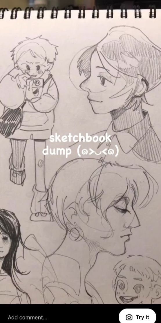 the image shows a page from a sketchbook filled with various pencil sketches.  the style leans towards anime or manga, featuring several character portraits and quick sketches.  there's a main focus on faces and expressions, with varying levels of detail.  one sketch depicts a young person holding a camera, another shows a person with a hat, and a couple of other faces with unique stylistic choices. the overall feel is casual and somewhat messy, typical of a sketchbook "dump" where ideas and sketches are quickly recorded. a text overlay says "sketchbook dump".