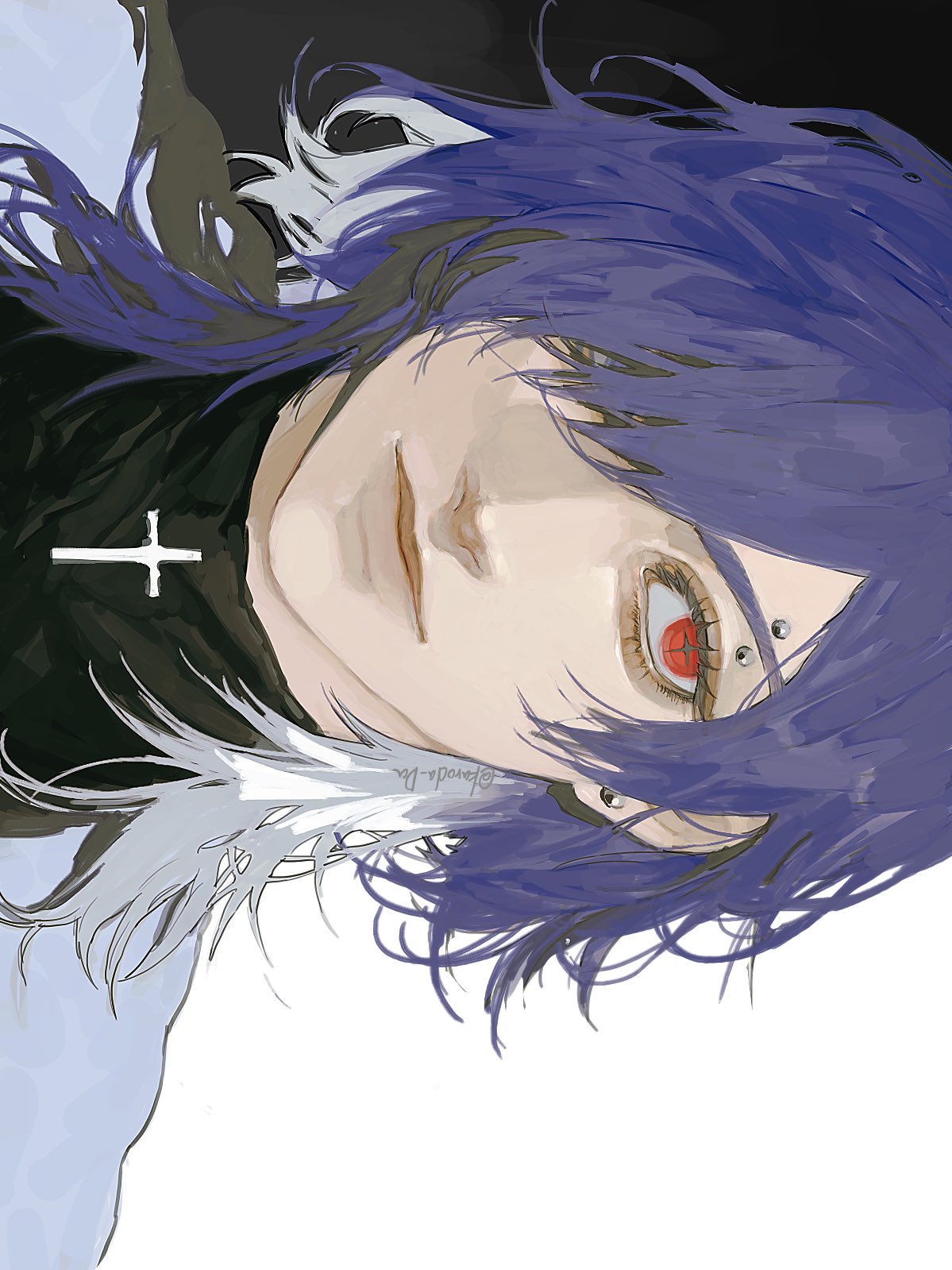 the image shows a closeup portrait of an androgynous character with vivid purple hair and striking red eyes. one eye features multiple piercings surrounding it. they wear a black and white top with a white cross detail. the lighting is soft, creating a gentle atmosphere. the perspective is closeup and slightly from below, drawing attention to the character's gaze.