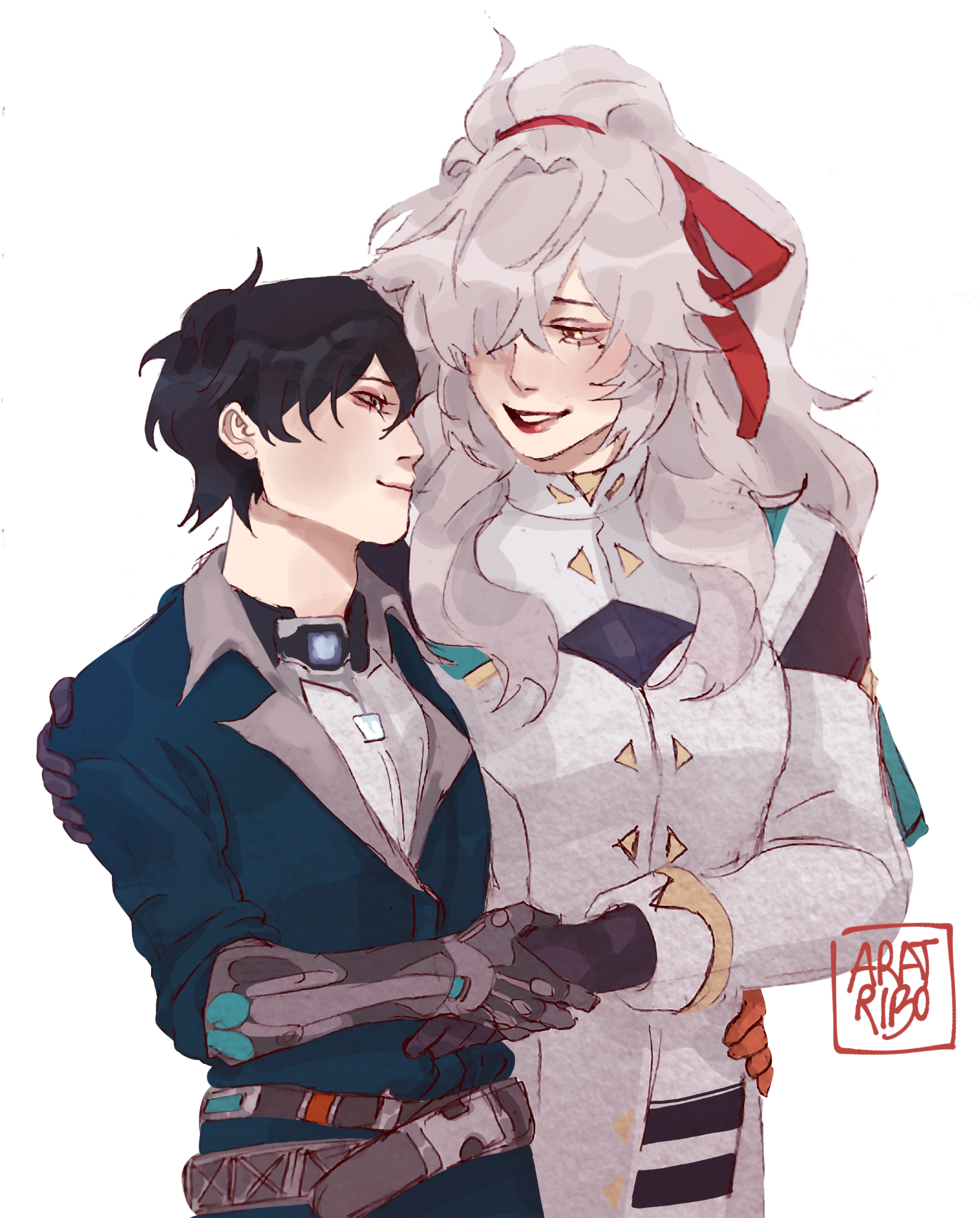 an illustration of a couple, a man and a woman, from an anime or manga. the woman has long white hair, and is wearing a white coat and a  stripes dress. the man has black hair and is wearing a navy suit and an arm brace. the woman has one arm around the man's shoulder, while the man has his arm around the woman's waist. they are both smiling and look like they are in love.