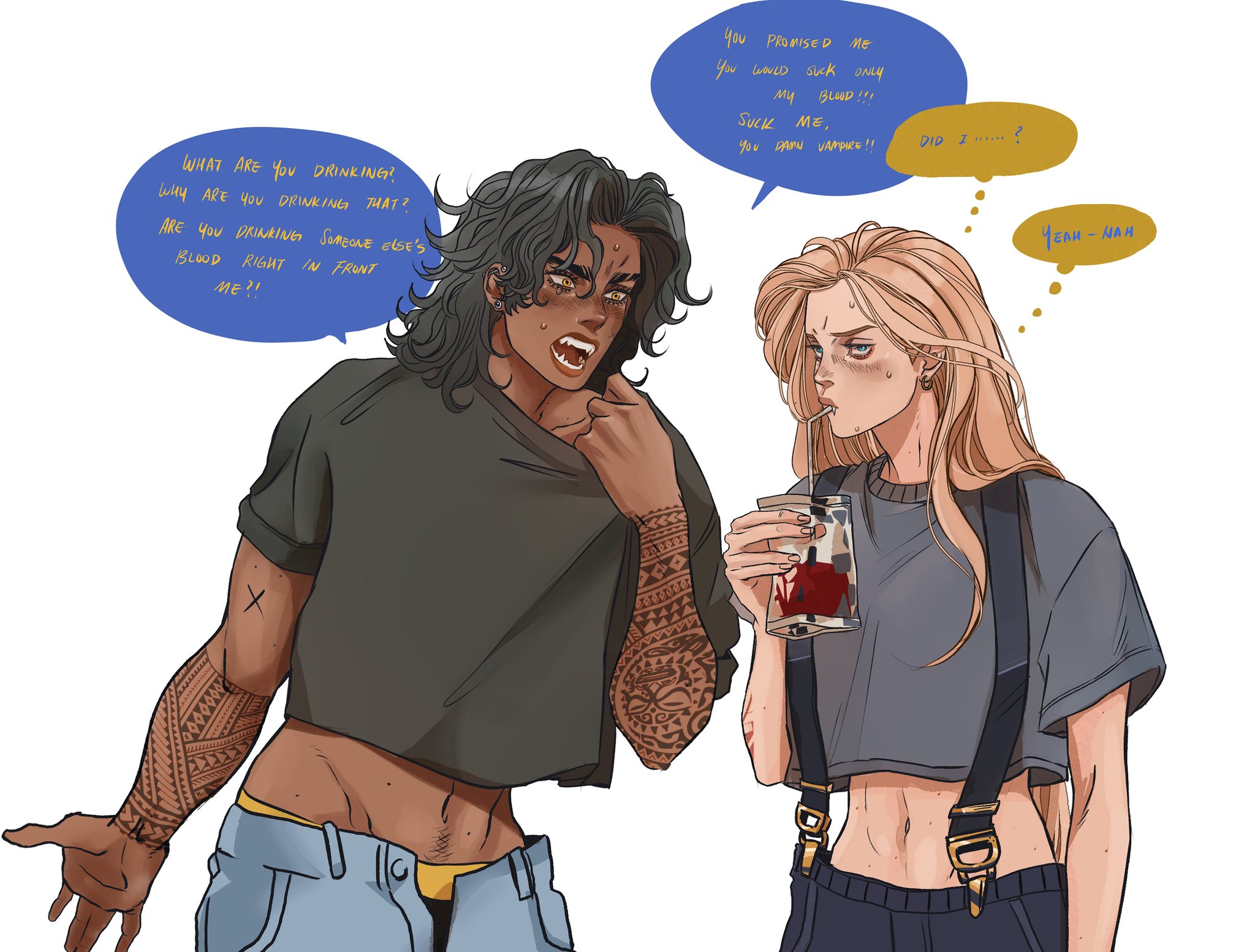 the image depicts two vampires in a heated argument. one, with dark hair and tribal tattoos, is angrily questioning the other, who has blonde hair and is nonchalantly drinking a beverage through a straw. the darkhaired vampire accuses the other of drinking someone else's blood, violating a promise to only drink his blood. the blonde vampire responds with sarcastic remarks, seemingly unfazed by the accusation.