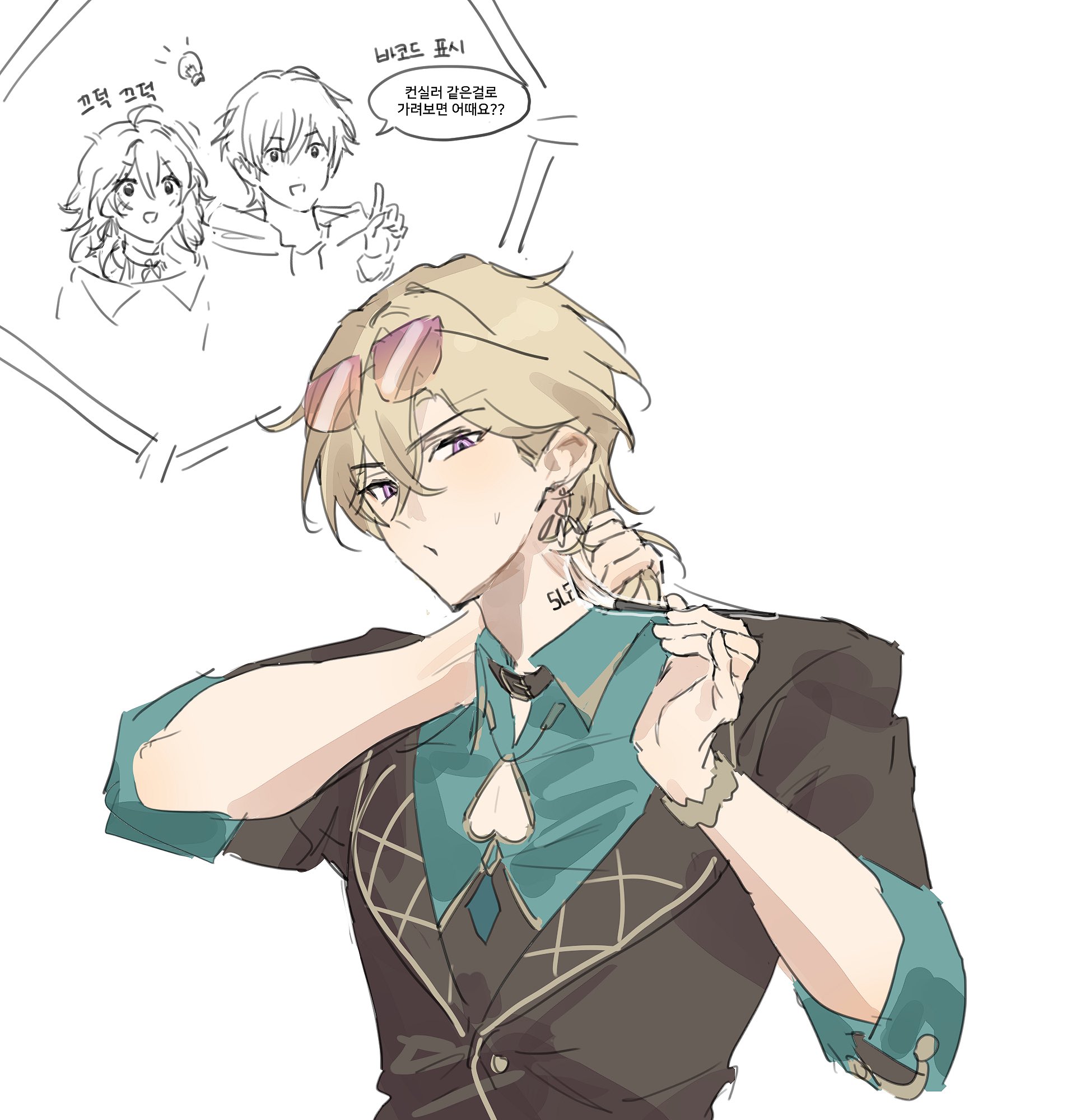 a drawing of a anime boy with blond hair wearing a green shirt, a brown jacket and earrings. he is adjusting his earring while thinking about something and in the thought bubble is another couple.