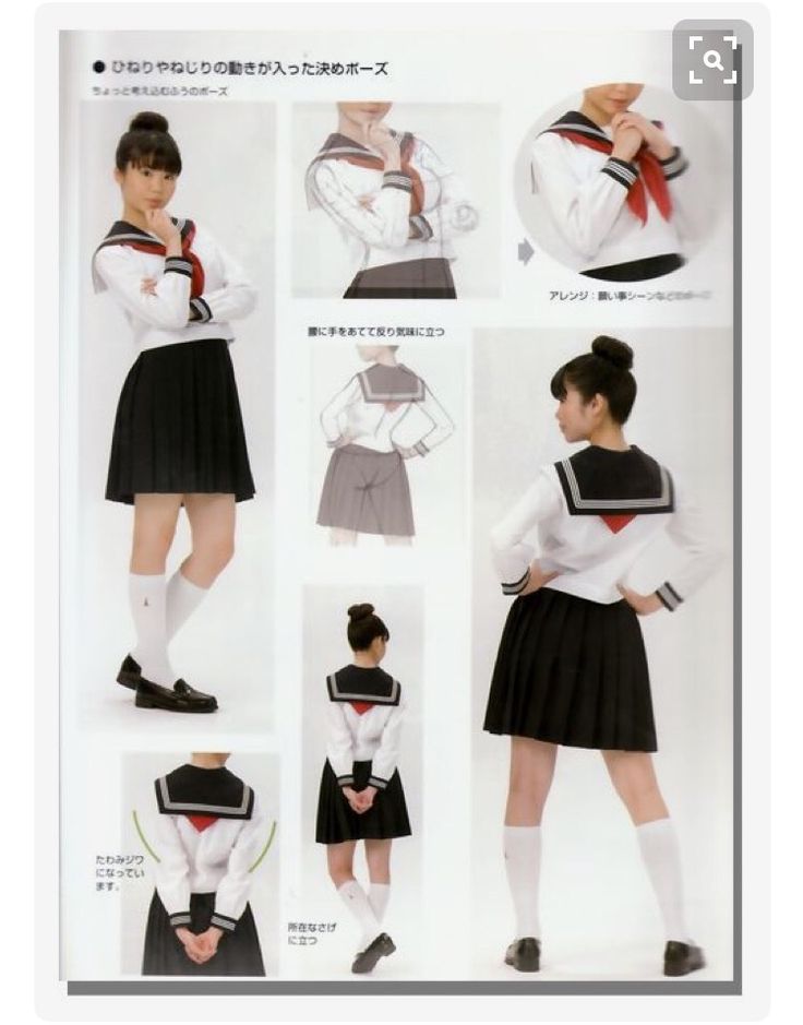 this is a tutorial for drawing an anime girl in a sailor uniform. it shows different poses and angles, as well as how to draw the folds in the skirt and the details of the uniform. there are 5 different drawings on the page, each demonstrating a specific pose or detail.
