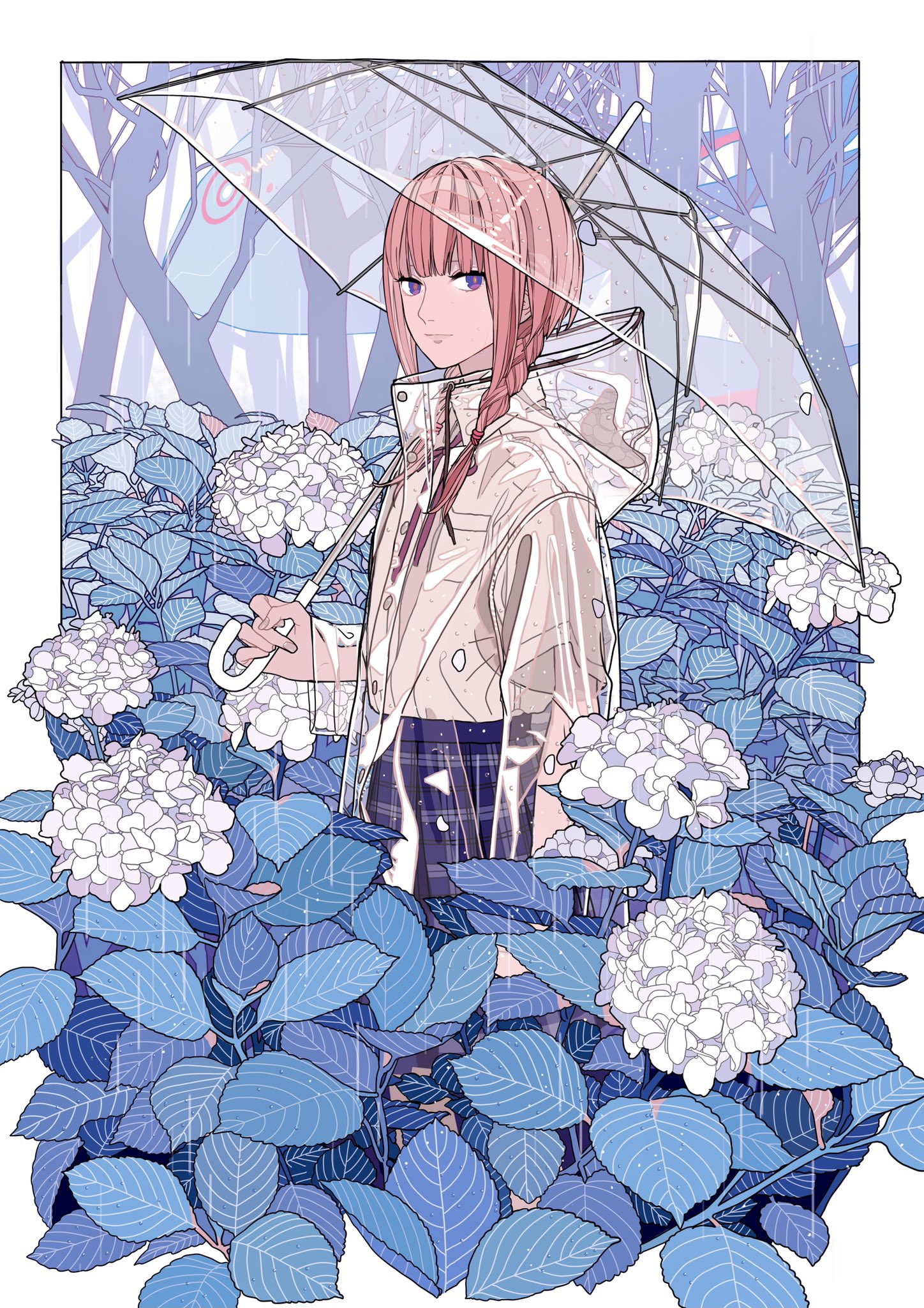 an anime girl with pink hair and braids stands in a field of blue hydrangeas while holding a clear umbrella in the rain. she is wearing a clear raincoat and a short, patterned skirt. trees are visible in the background.