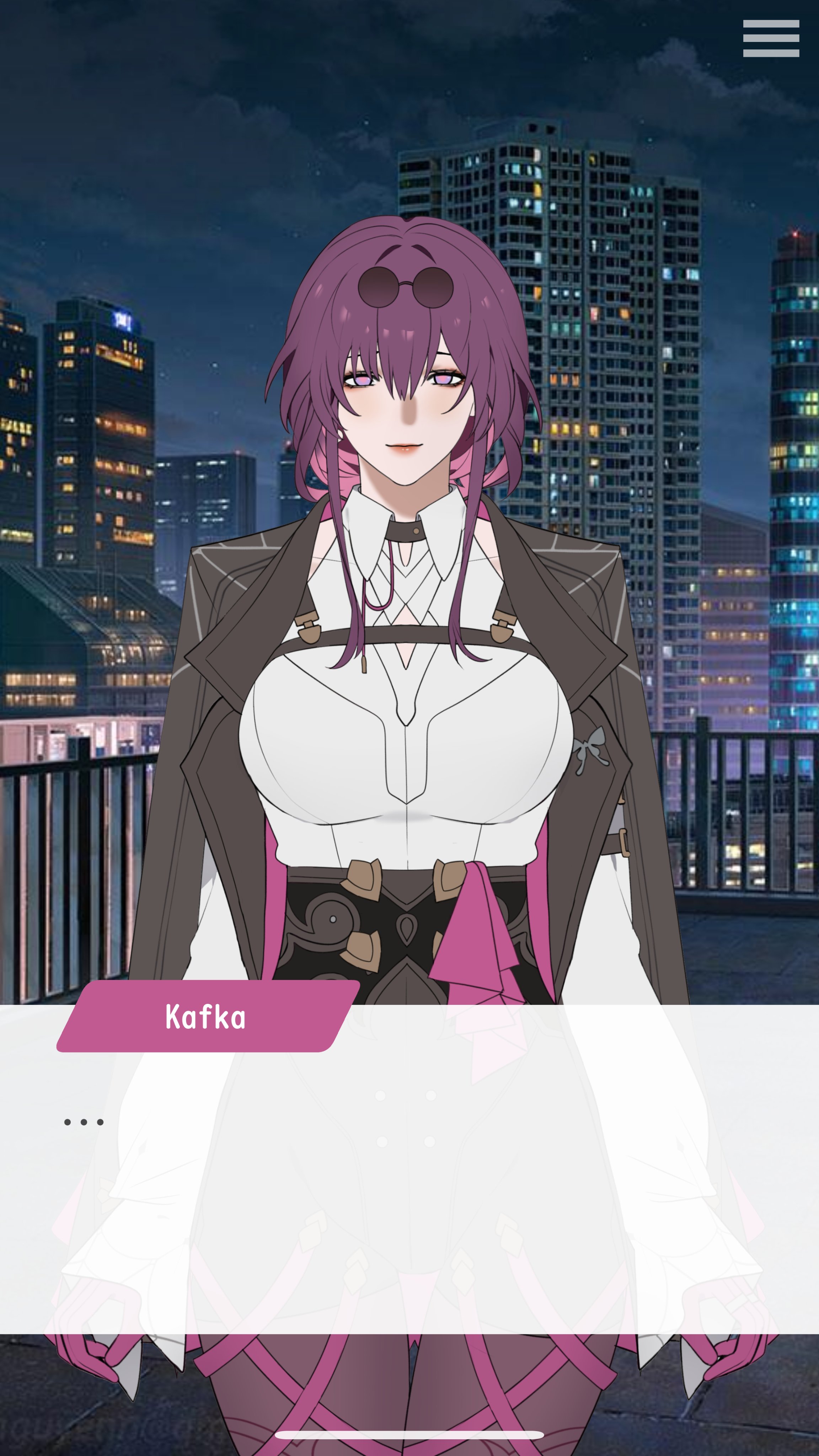 a fullbody digital illustration of an anime girl with purple hair, wearing a white shirt, pink skirt, and a black jacket. the girl is in the foreground, and the background is a city at night. the girl is looking at the viewer, with a slight smile on her face. there is a speech bubble above her head that says "kafka."