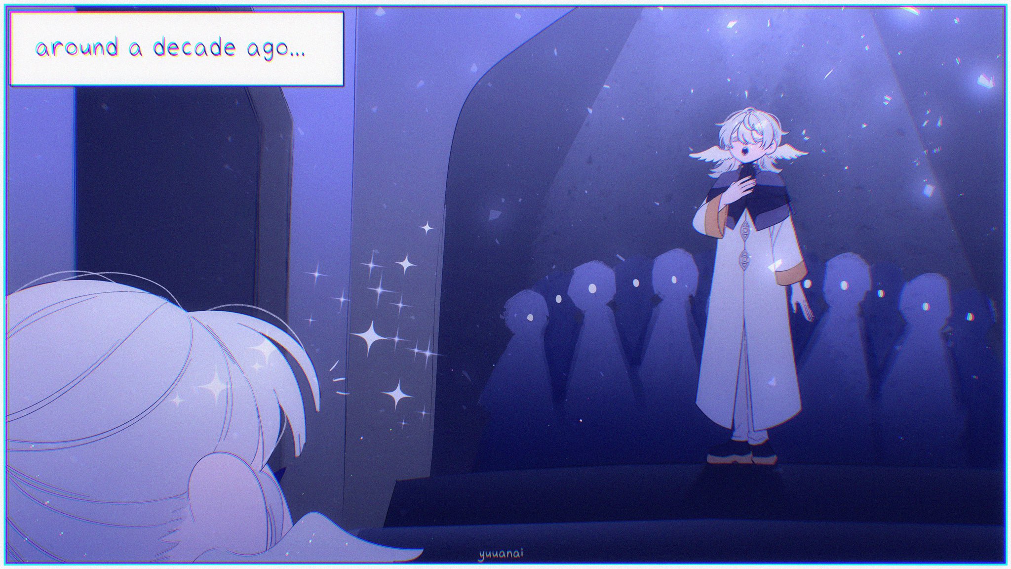 the image depicts a young girl with white hair and blue eyes looking up at a stage in a dark blue room. there's a figure of a young boy on the stage, singing and wearing a white robe with wings, and a chorus of shadowy figures behind him. the text above the girl says "around a decade ago..." suggesting this is a memory. the scene is filled with sparkles and a soft blue and purple glow, creating a dreamy and nostalgic atmosphere.