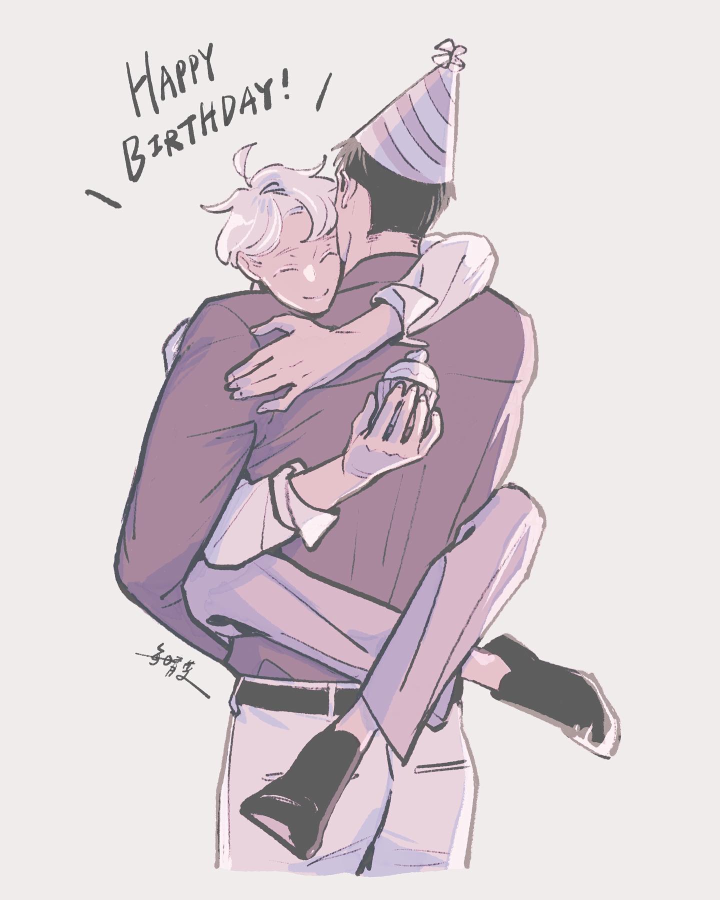 the image is a digital drawing or fanart depicting two men affectionately embracing. one man, wearing a party hat, is holding the other in a hug. the man being held is giving a cupcake. the style is soft and pasteltoned, conveying a sense of warmth and intimacy.  the background is a simple light color, drawing attention to the figures in the foreground. the text "happy birthday!" is visible in the upper left corner. the overall mood is celebratory and romantic.