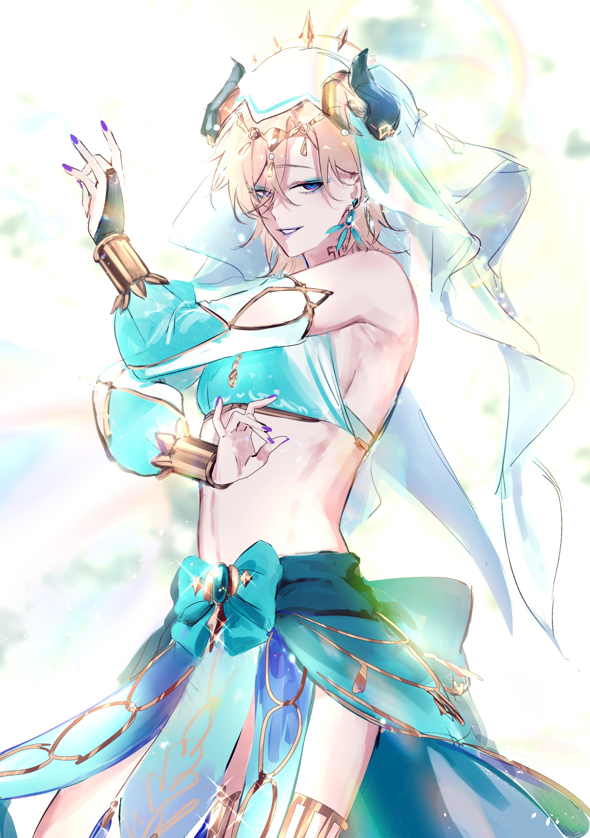a drawing of an anime girl with long, flowing blonde hair, blue eyes, and a beautiful, intricate blue and gold dress. she is posed in a graceful dance pose, with her veil flowing behind her. the image is full of glitter and sparkles, creating a magical atmosphere.
