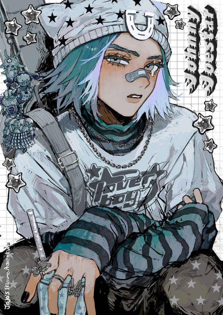 the image is a stylized digital drawing or painting of a young female animestyle character. she has teal/blue hair styled in a somewhat choppy bob, fair skin, and is wearing a grey and white starpatterned beanie with a horseshoe emblem, a white shirt with "loverboy" text on it, striped long sleeves, various accessories (necklace, rings, bracelets), and carries what appears to be a backpack with ornate pendants. her expression is somewhat serious or sullen. the background is gridded with stars, and the text "johnny joestar" is prominently displayed in a stylized graffiti font. the overall style is a blend of anime/manga aesthetics with contemporary streetwear fashion elements and a slightly grunge feel. the color palette is muted and primarily uses shades of grey, teal, and white.  the artwork has a detailed and expressive style, especially evident in the character's facial features and clothing textures.