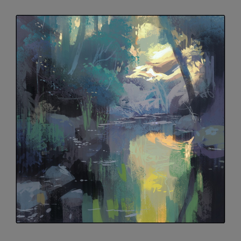 the image is an impressionistic painting of a river flowing through a forest. the sun is setting in the background, casting a warm glow on the water and trees. the brushstrokes are loose and expressive, creating a sense of movement and atmosphere.