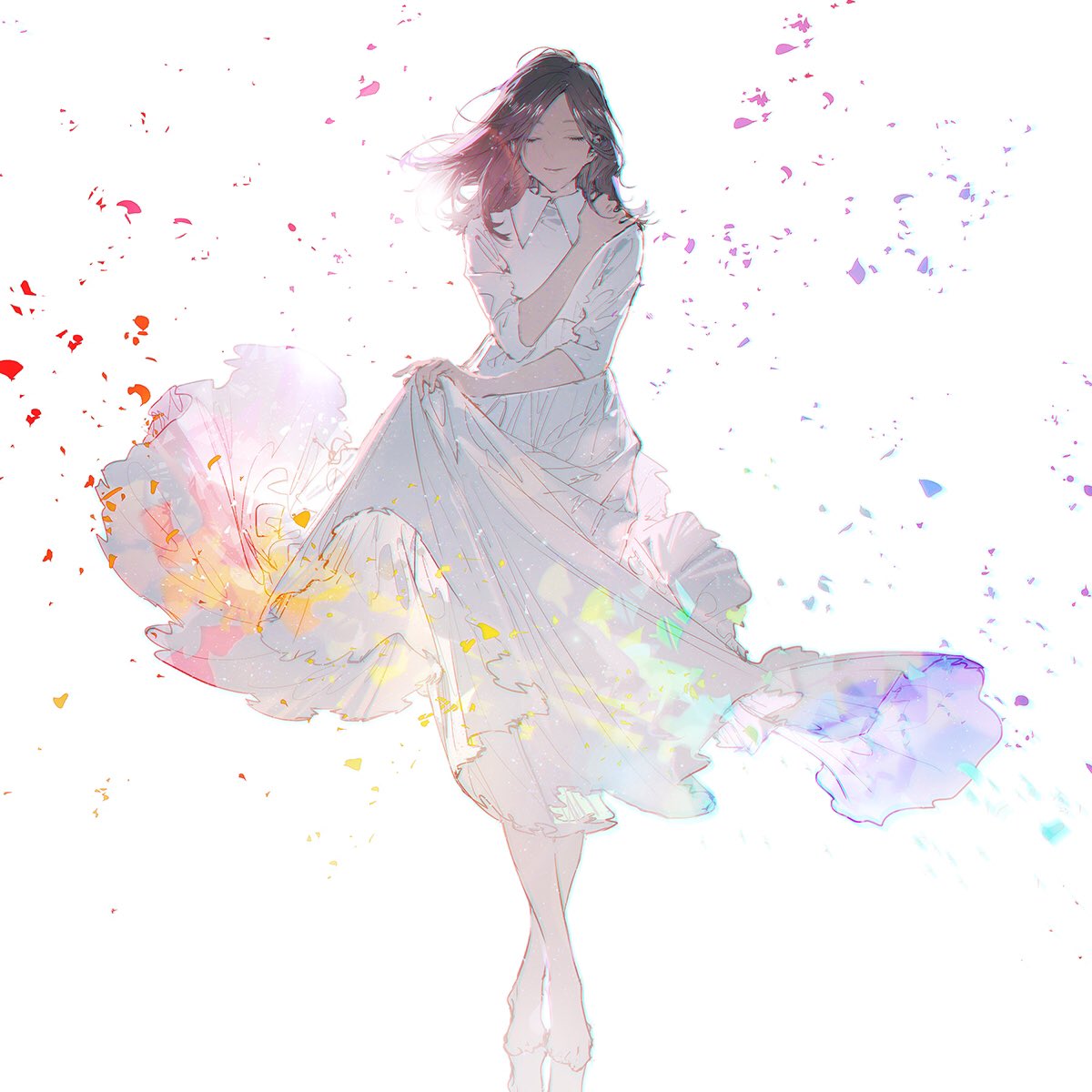 a digital illustration shows a woman in a flowing white dress, floating against a white backdrop with colorful, watercolorlike splashes and petallike shapes surrounding her. she has dark hair and a serene expression, with her eyes closed. the dress is detailed with delicate folds and iridescent hues, giving it an ethereal quality. the overall aesthetic is dreamy and peaceful.