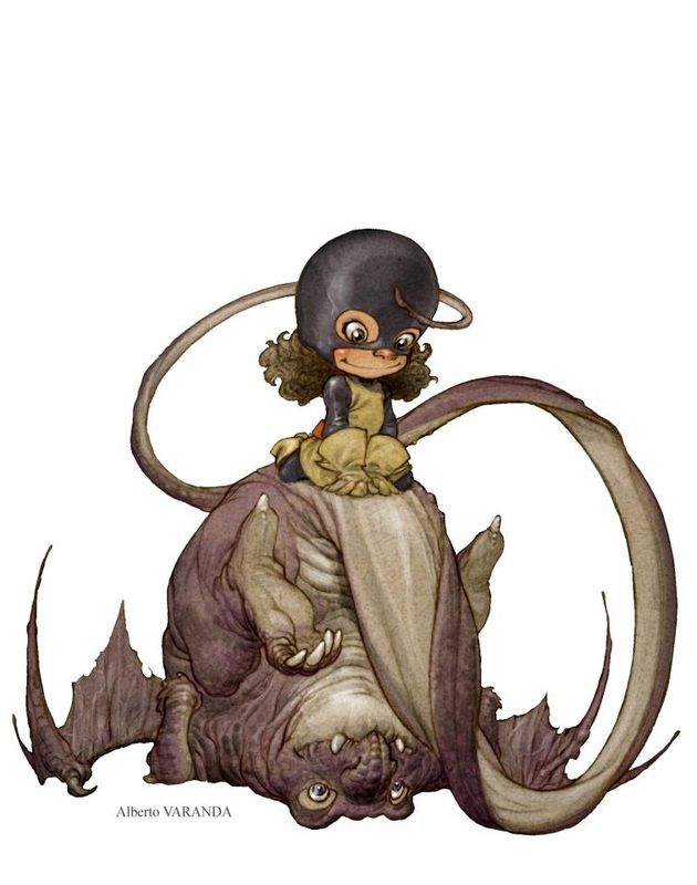 the image is an illustration featuring a stylized fantasy creature with a child riding on its back. the creature has a large, bulbous body, batlike wings, and long, curving tentacles. it appears to be looking directly at the viewer. the child is wearing a helmet or mask with eyeholes and a small smile, and is perched comfortably on the creature's back. the overall style is whimsical and imaginative, with detailed shading and texture. the signature "alberto varanda" is visible at the bottom of the image.