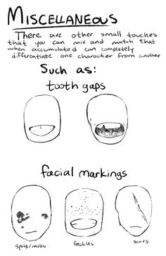a page from what appears to be a character design book. it shows simple drawing of faces with small variations added, to demonstrate how to create unique characters. some variations include tooth gaps, spots, freckles, and scars.