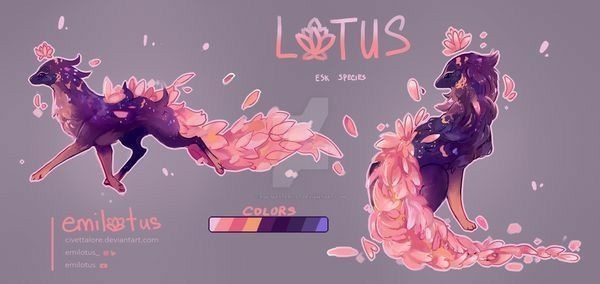 the image shows a character design sheet for a fantasy creature called "lotus," identified as an "esk species." there are two illustrations of the creature, one in a running pose and the other standing. the creatures have a deerlike body structure with floral elements, particularly pink lotus flowers, integrated into their tail and around their body. the color palette of the creatures includes shades of pink, purple, and hints of orange and yellow. the design sheet also features the word "lotus" with a stylized lotus flower replacing the "o," and the name "emilotus" along with web links.